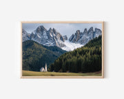 St Johann Church Val di Funes Dolomites Wall Art – Alpine Church Mountain Landscape Print