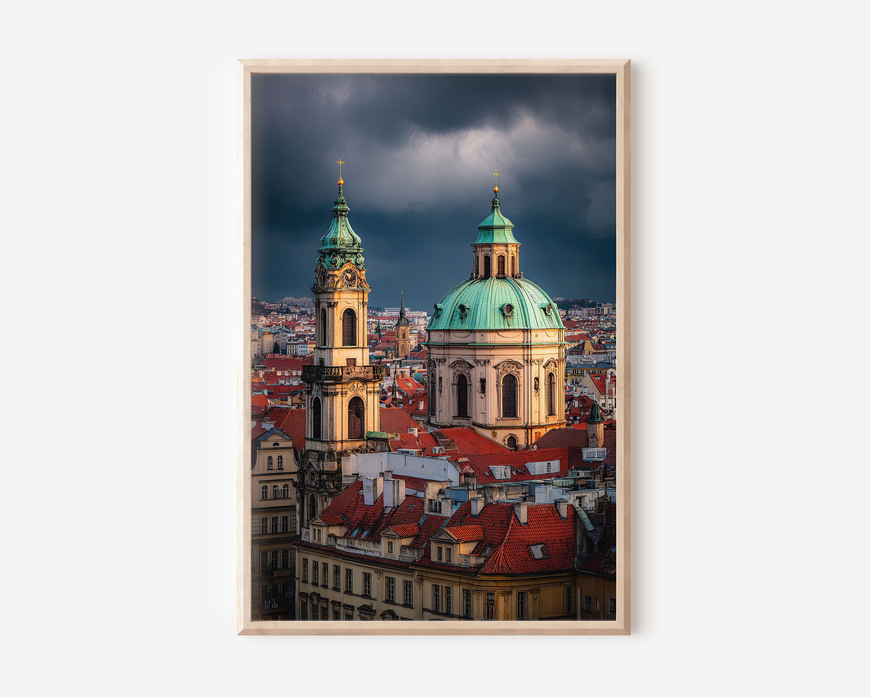 Prague Print | St Nicholas Church Under Stormy Skies | Czech Old Town Rooftops Wall Art | Europe Travel Photography Poster