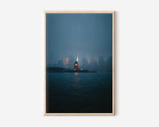 Statue of Liberty New York Night Print | Manhattan Skyline Foggy Wall Art | NYC Harbour Photography