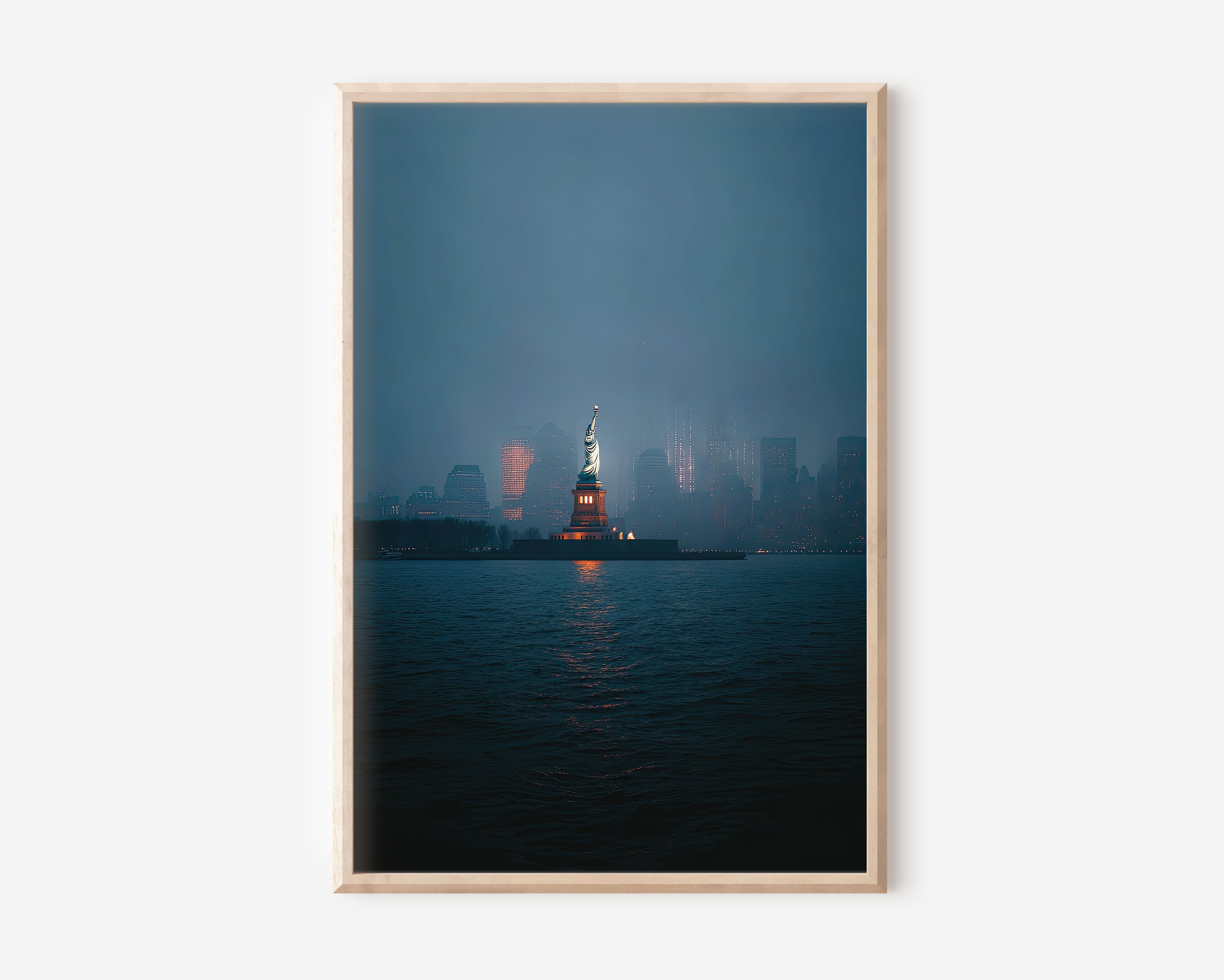 Statue of Liberty New York Night Print | Manhattan Skyline Foggy Wall Art | NYC Harbour Photography