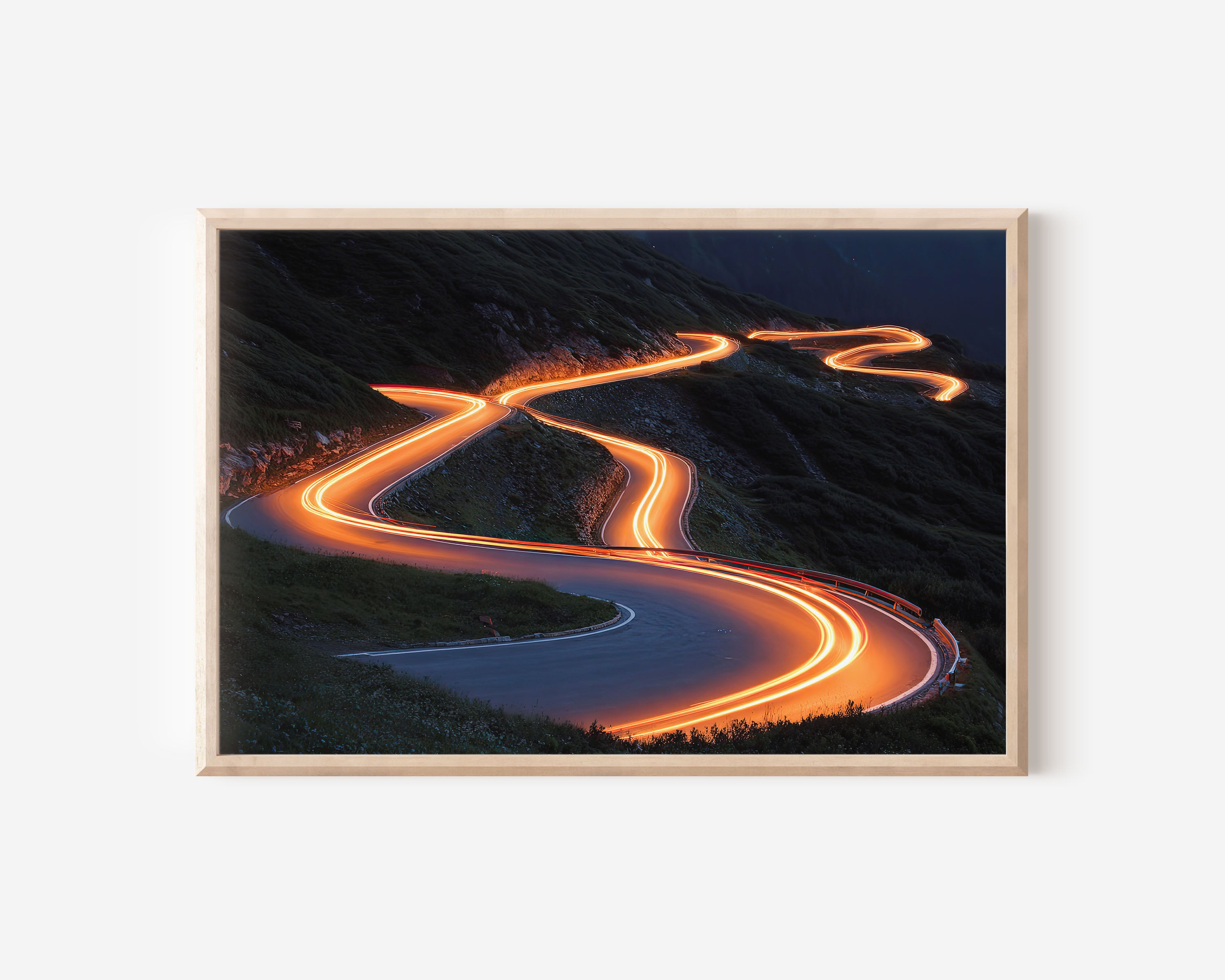 Swiss Alps Mountain Road Wall Art Print, Dramatic Light Trails