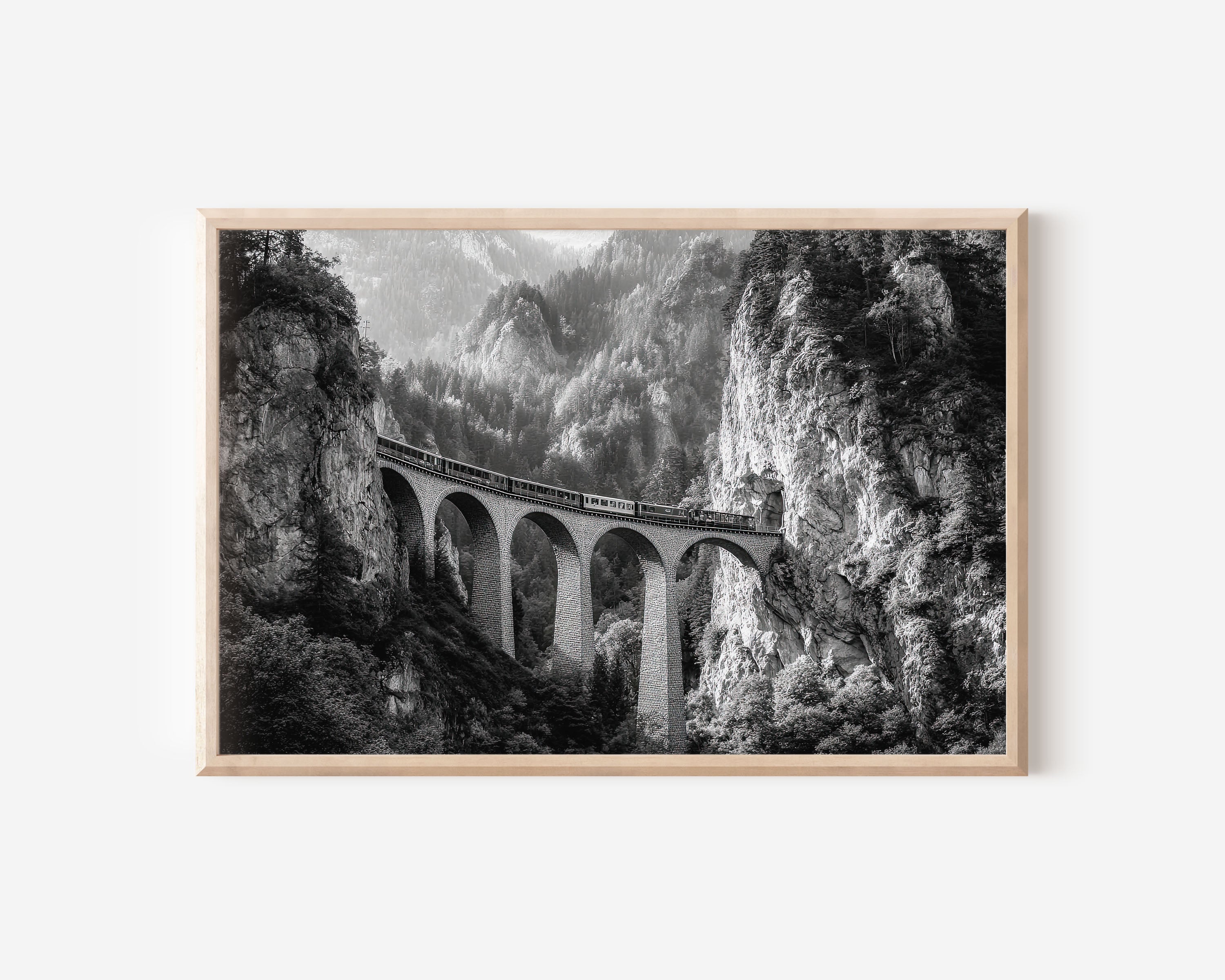 Swiss Alps Train Bridge Black & White Wall Art