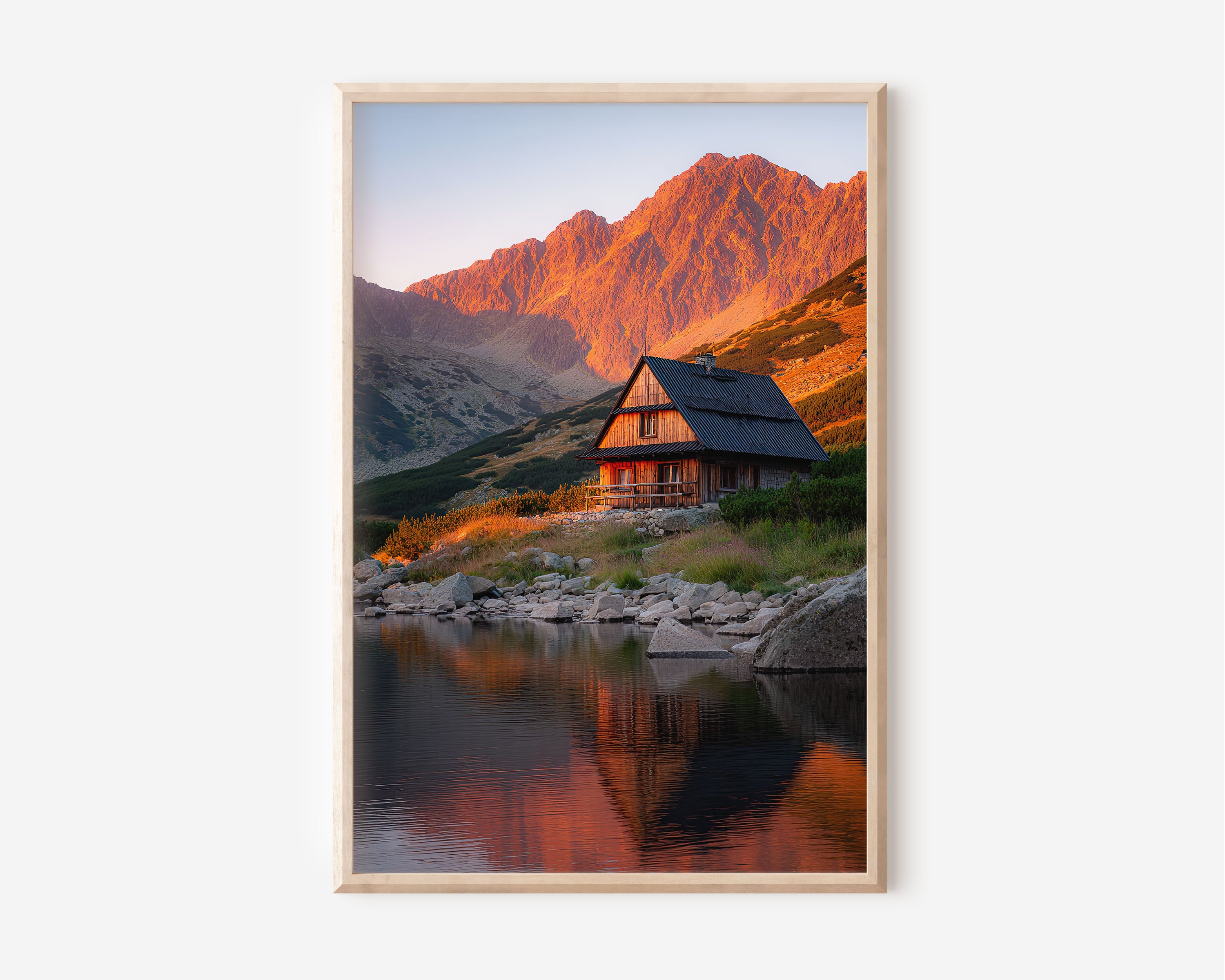 Tatra Mountains Alpine Cabin Sunset Print | Polish Tatras Lake Wall Art | High Tatras Mountain Hut Alpenglow Landscape Photography Poster