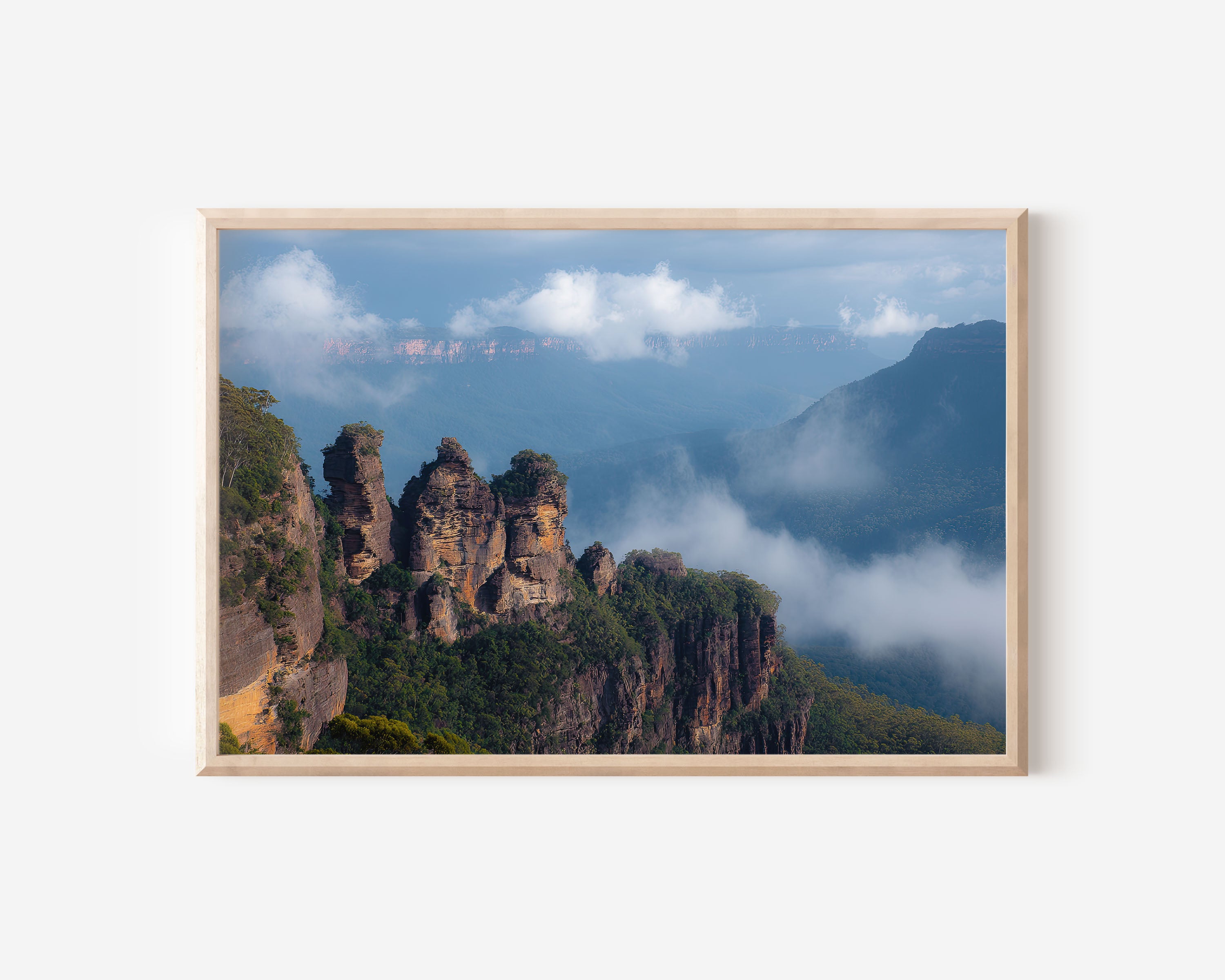 Three Sisters Blue Mountains Wall Art – Misty Morning Landscape Print, NSW Australia Mountain Photography Decor