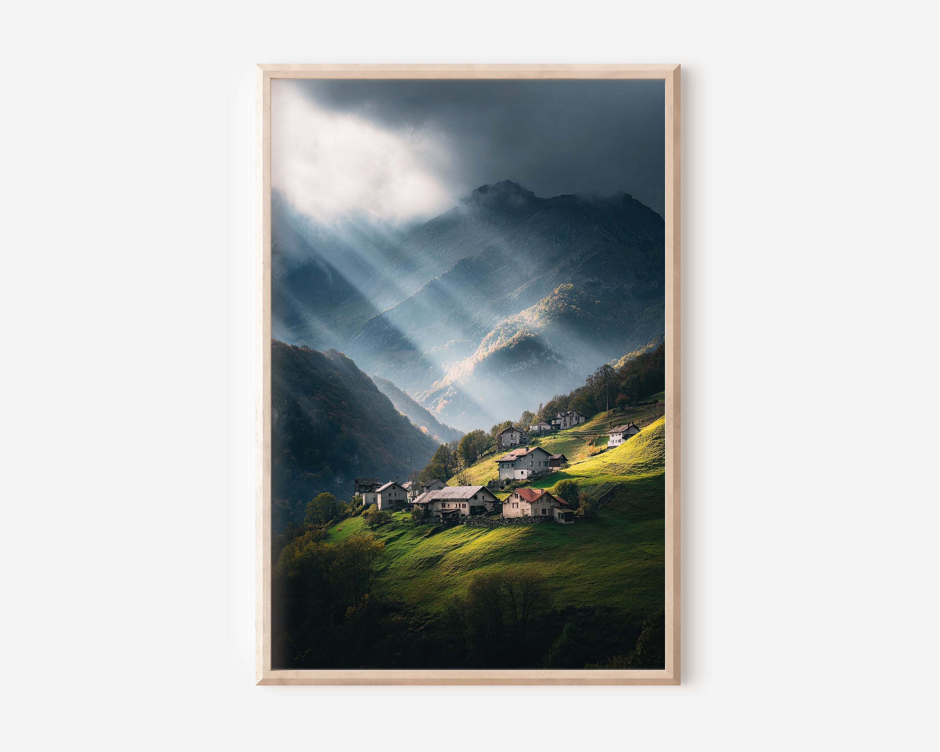 Ticino Maggia Valley Swiss Village Storm Light Print | Switzerland Alpine Village Wall Art | Swiss Mountain Village God Rays Landscape Photography Poster