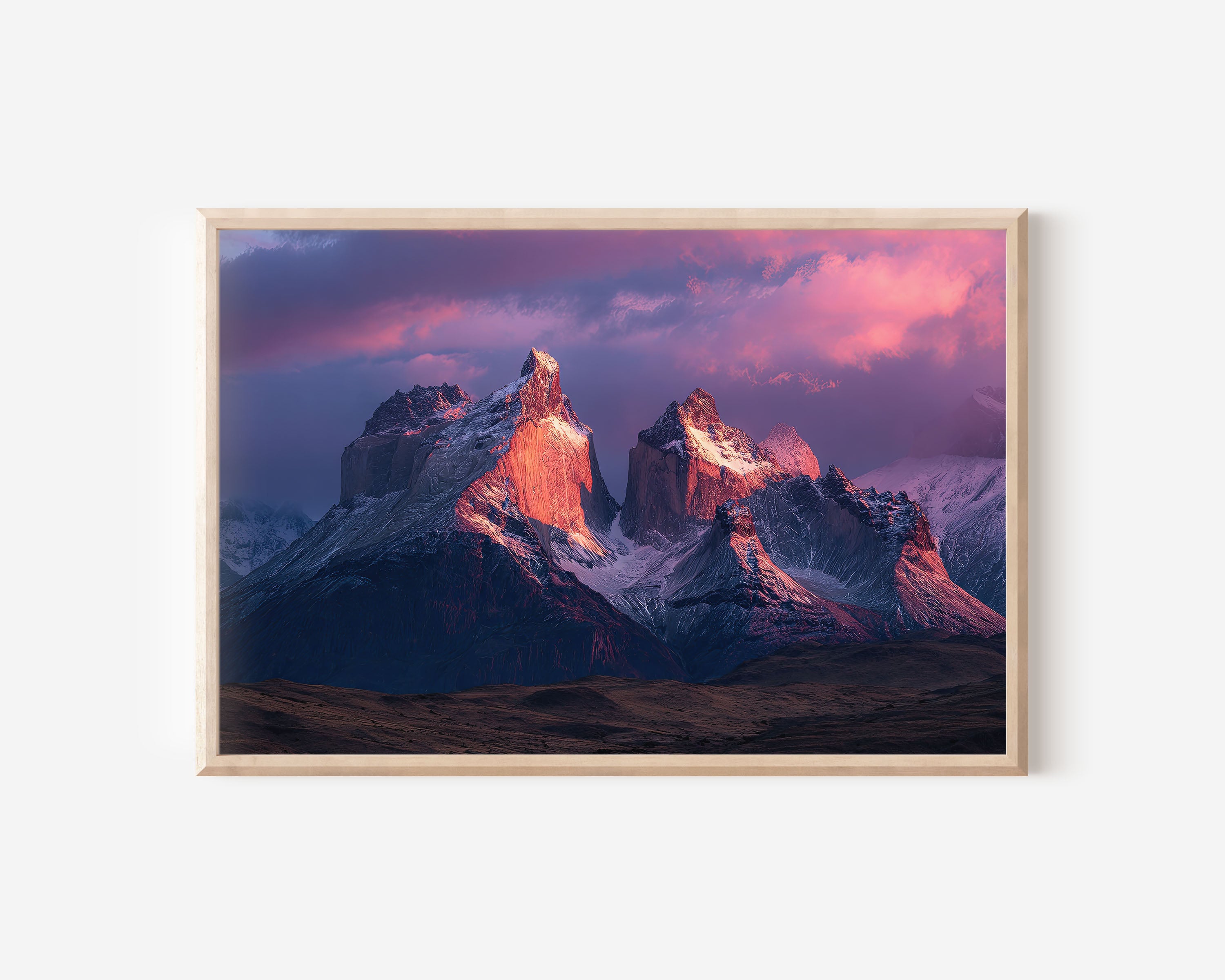 Torres del Paine Cuernos Chile Sunrise Print | Pink Purple Sky Wall Art