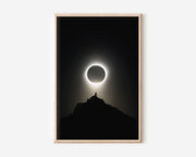 Total Solar Eclipse Print | Silhouette on Mountain Peak Wall Art | Black and White Celestial Poster | Minimalist Night Sky Print