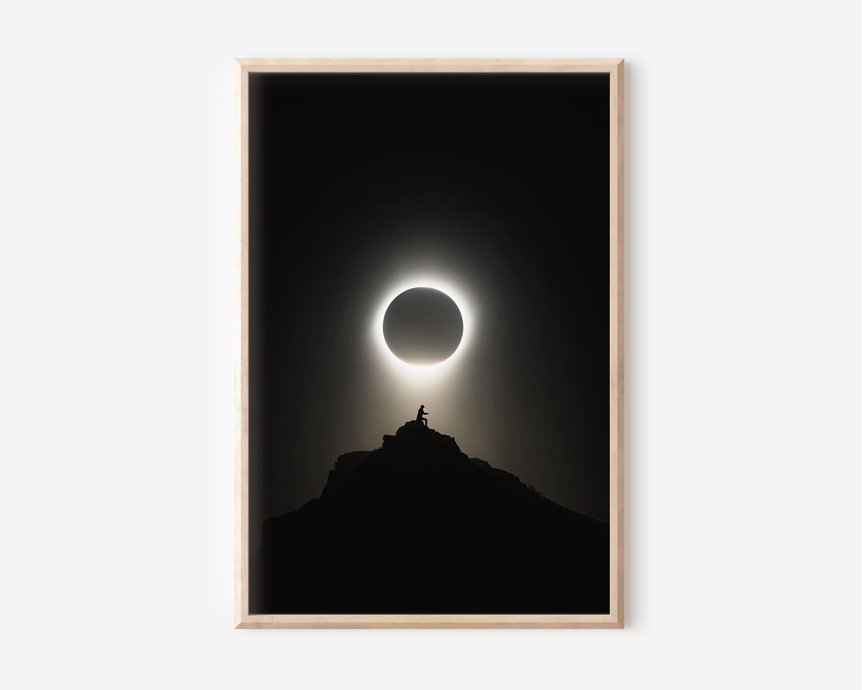 Total Solar Eclipse Print | Silhouette on Mountain Peak Wall Art | Black and White Celestial Poster | Minimalist Night Sky Print