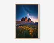 Tre Cime Milky Way Wildflowers Wall Art Print | Dolomites Italy Night Sky Photography | Three Peaks Stars Galaxy Flower Poster