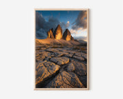 Tre Cime di Lavaredo Sunset Print | Dolomites Italy Wall Art | Three Peaks Cracked Rock Golden Hour Landscape Photography Poster