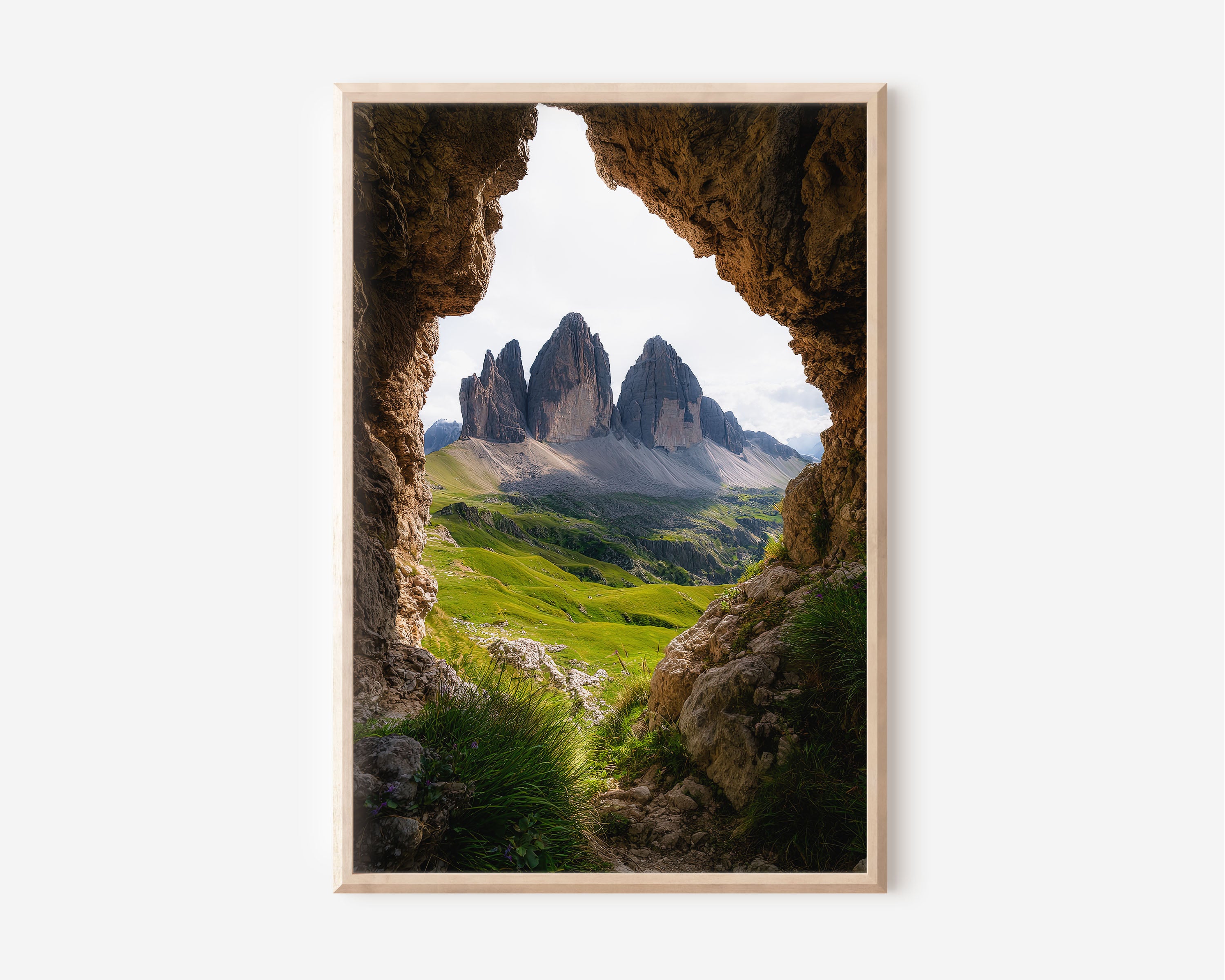 Tre Cime di Lavaredo Cave Frame Wall Art Print | Dolomites Italy Photography | Three Peaks Alpine Meadow Poster