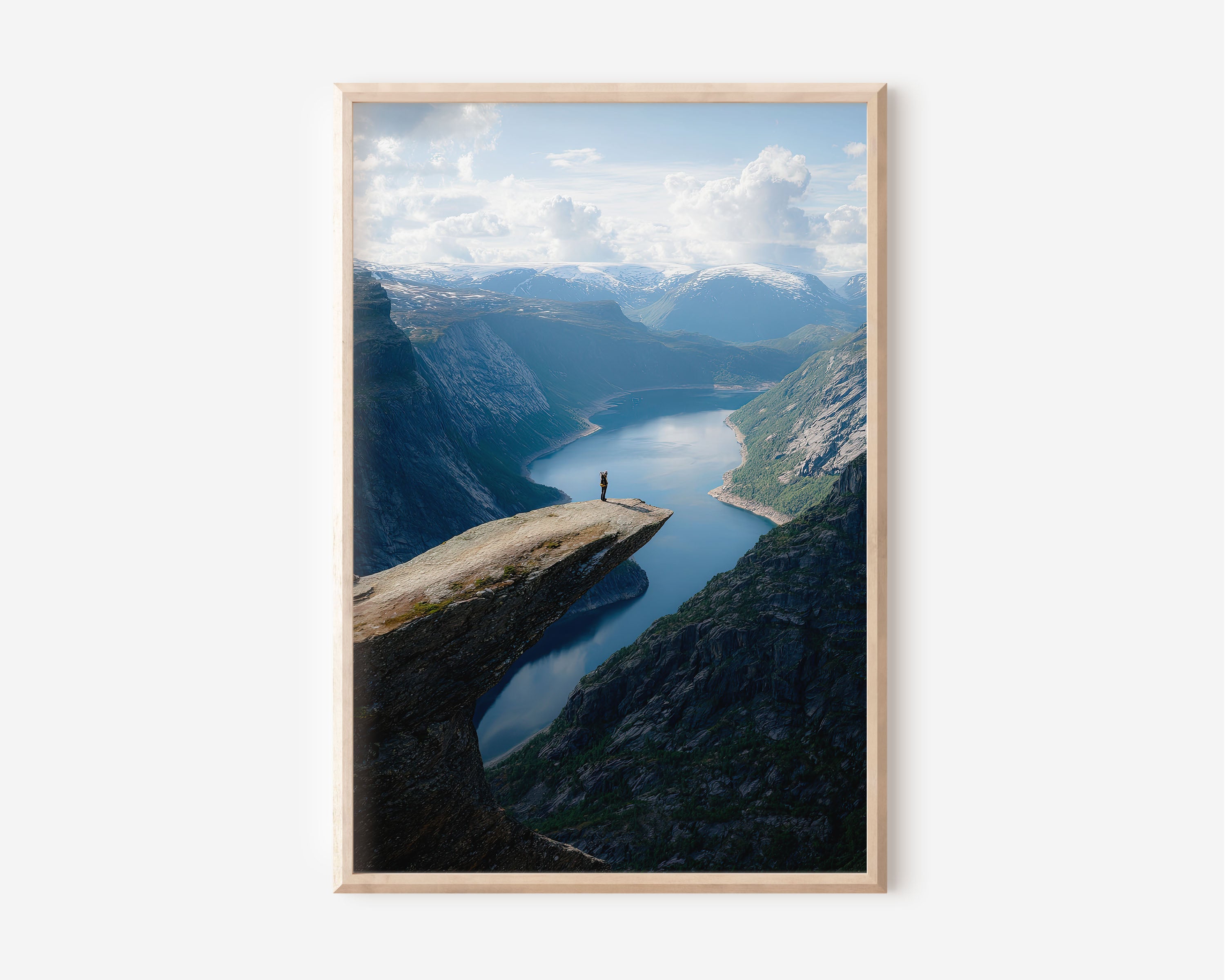 Trolltunga Norway Wall Art Print | Hiker on Rock Ledge Fjord Photography | Hardangerfjord Landscape Poster | Scandinavian Adventure Print | Nordic Home Decor
