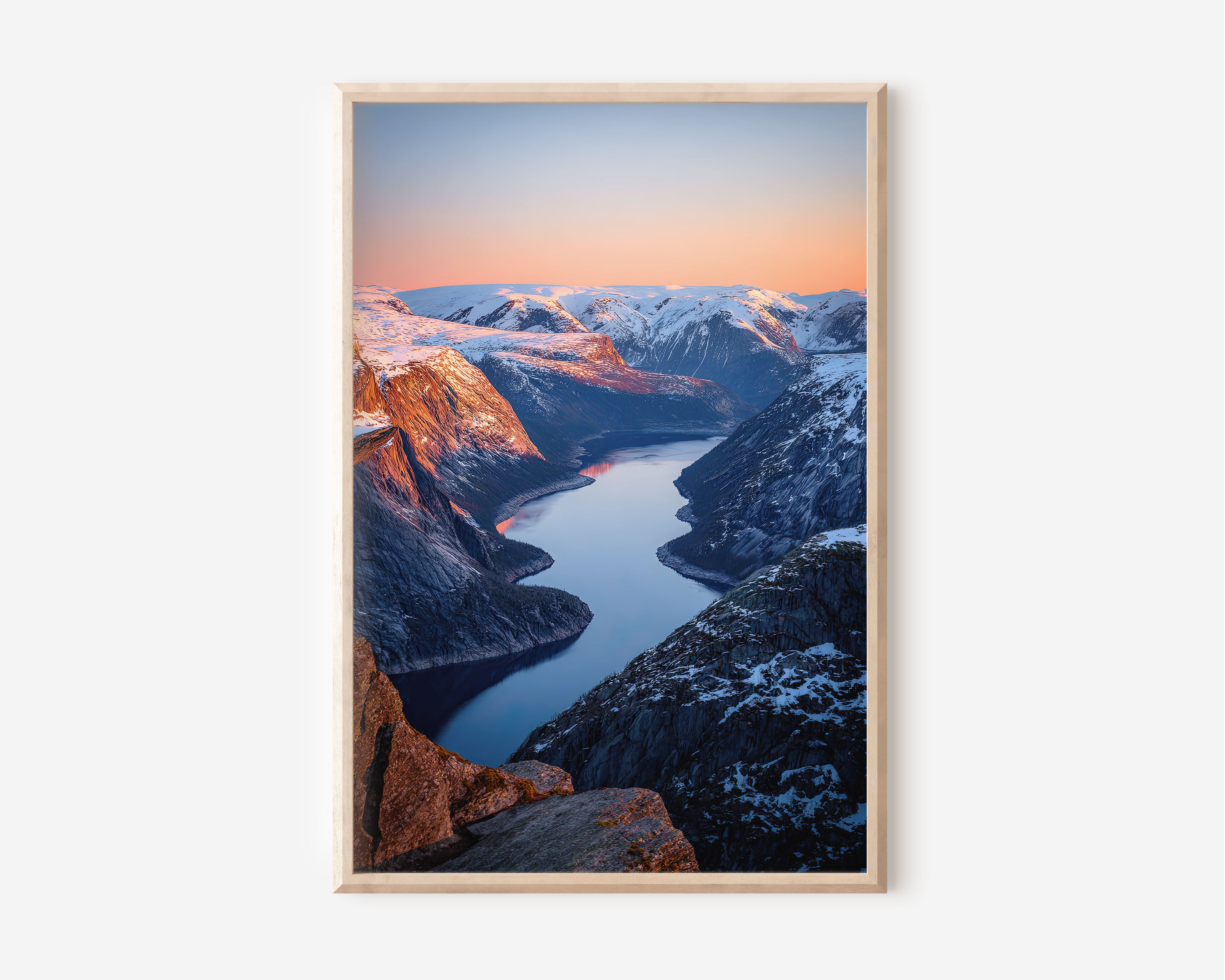 Trolltunga Aerial Snow Fjord Sunrise Wall Art Print | Norway Winter Landscape Photography | Scandinavian Home Decor