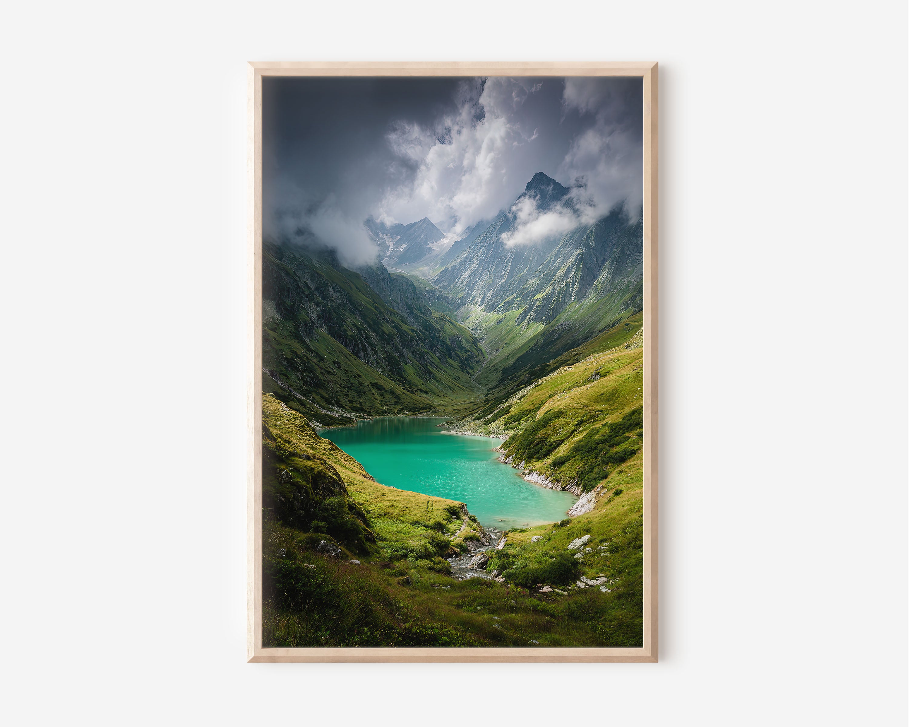 Turquoise Alpine Lake Stormy Valley Wall Art Print | Austrian Alps Glacier Lake Photography | Green Mountain Drama Poster