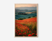 Tuscany Poppy Field Sunrise Wall Art Print | Val d'Orcia Italy Rolling Hills Photography | Red Wildflower Dawn Landscape Poster