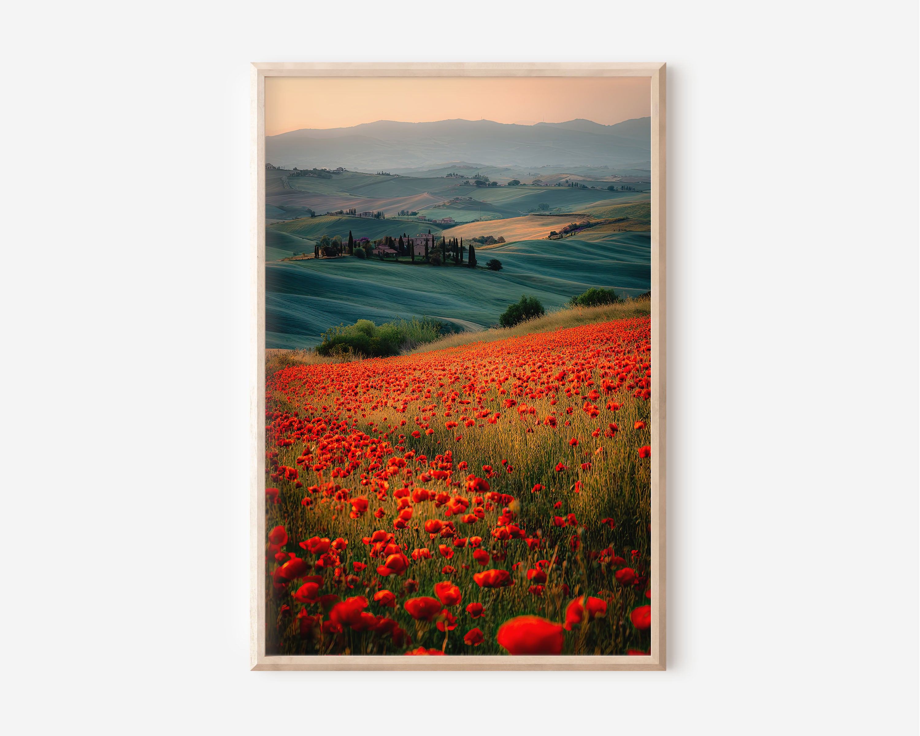Tuscany Poppy Field Sunrise Wall Art Print | Val d'Orcia Italy Rolling Hills Photography | Red Wildflower Dawn Landscape Poster