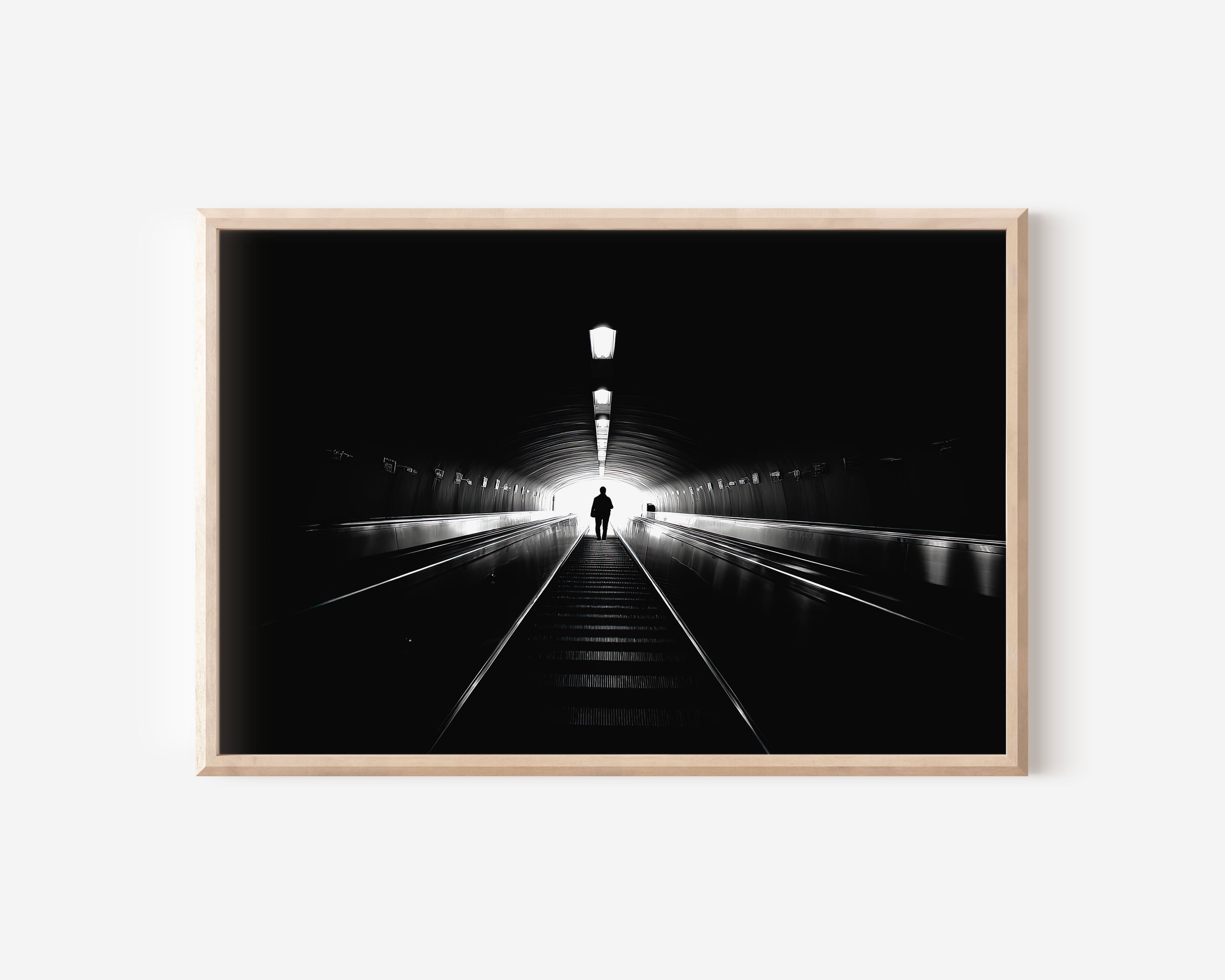 Underground Escalator Tunnel Print | Black and White London Tube Wall Art | Light at End of Tunnel Photography