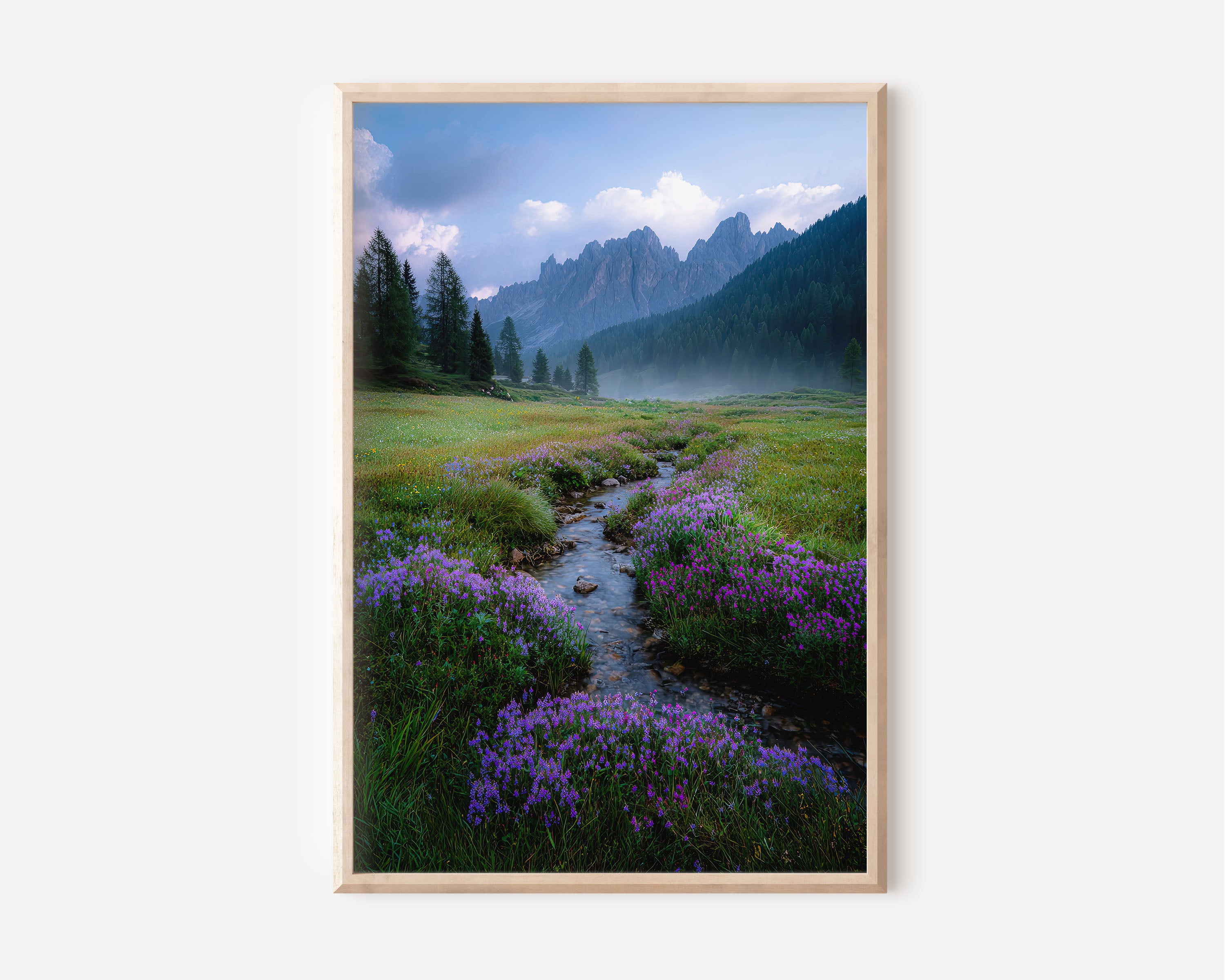 Val di Funes Dolomites Wildflower Meadow Print | Italian Alps Alpine Stream Wall Art | Dolomites Purple Wildflower Valley Landscape Photography Poster
