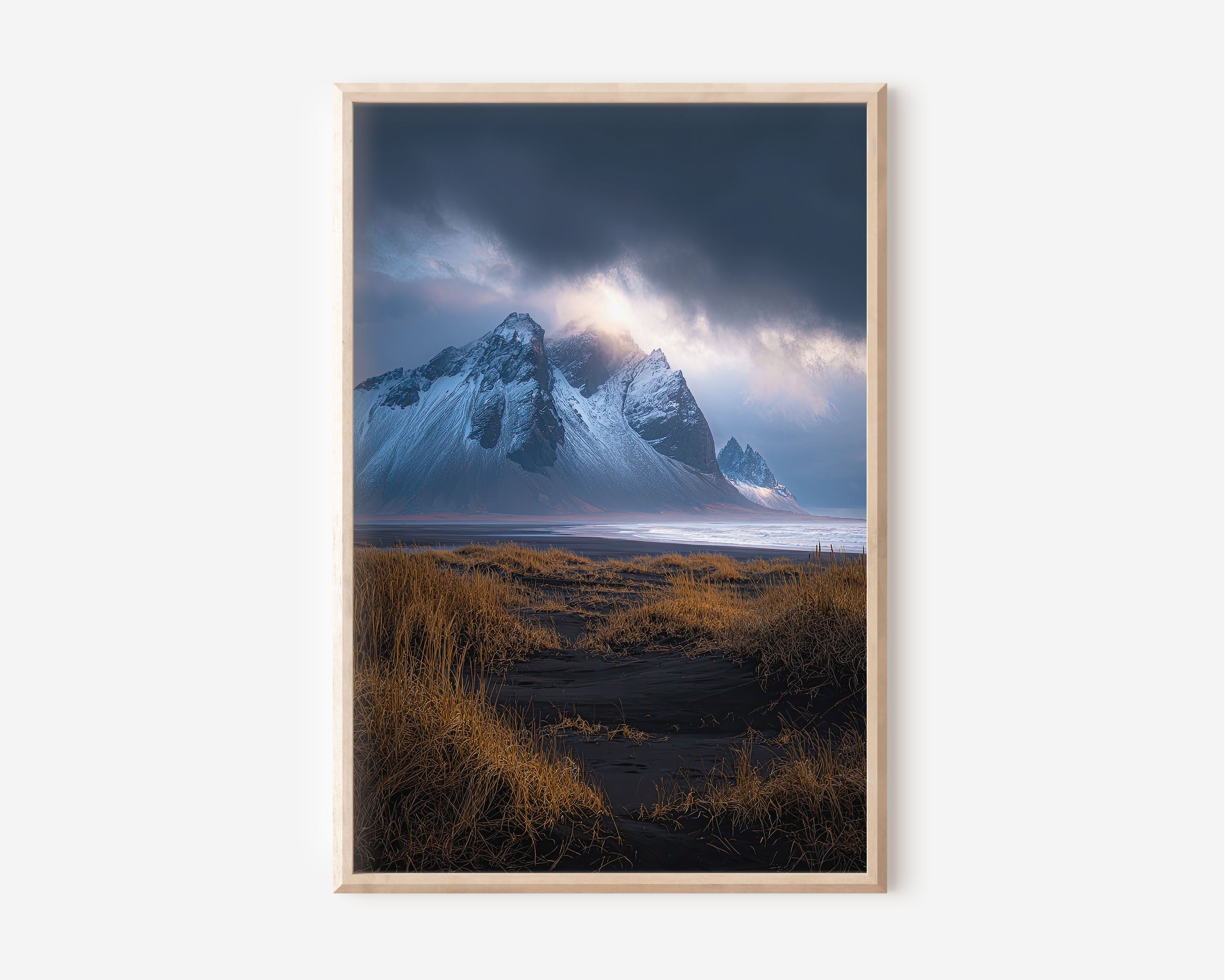 Vestrahorn Winter Storm Wall Art Print | Stokksnes Iceland Snow Mountain Photography | Black Sand Dune Grass Dramatic Poster