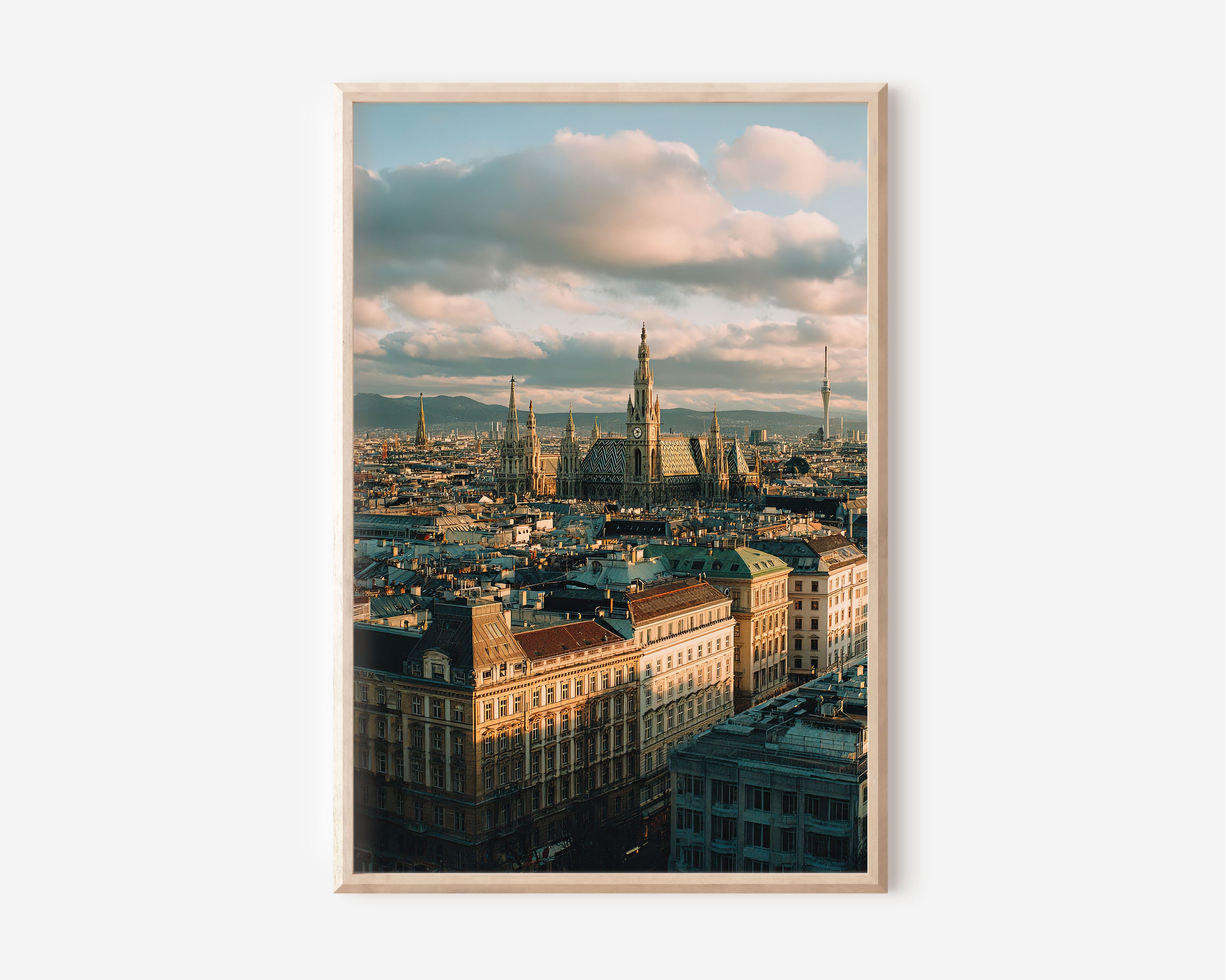 Vienna Aerial Cityscape Wall Art Print | St Stephen's Cathedral Rathaus Sunset Rooftop Photography | Austria Travel Poster | Classical European Home Decor