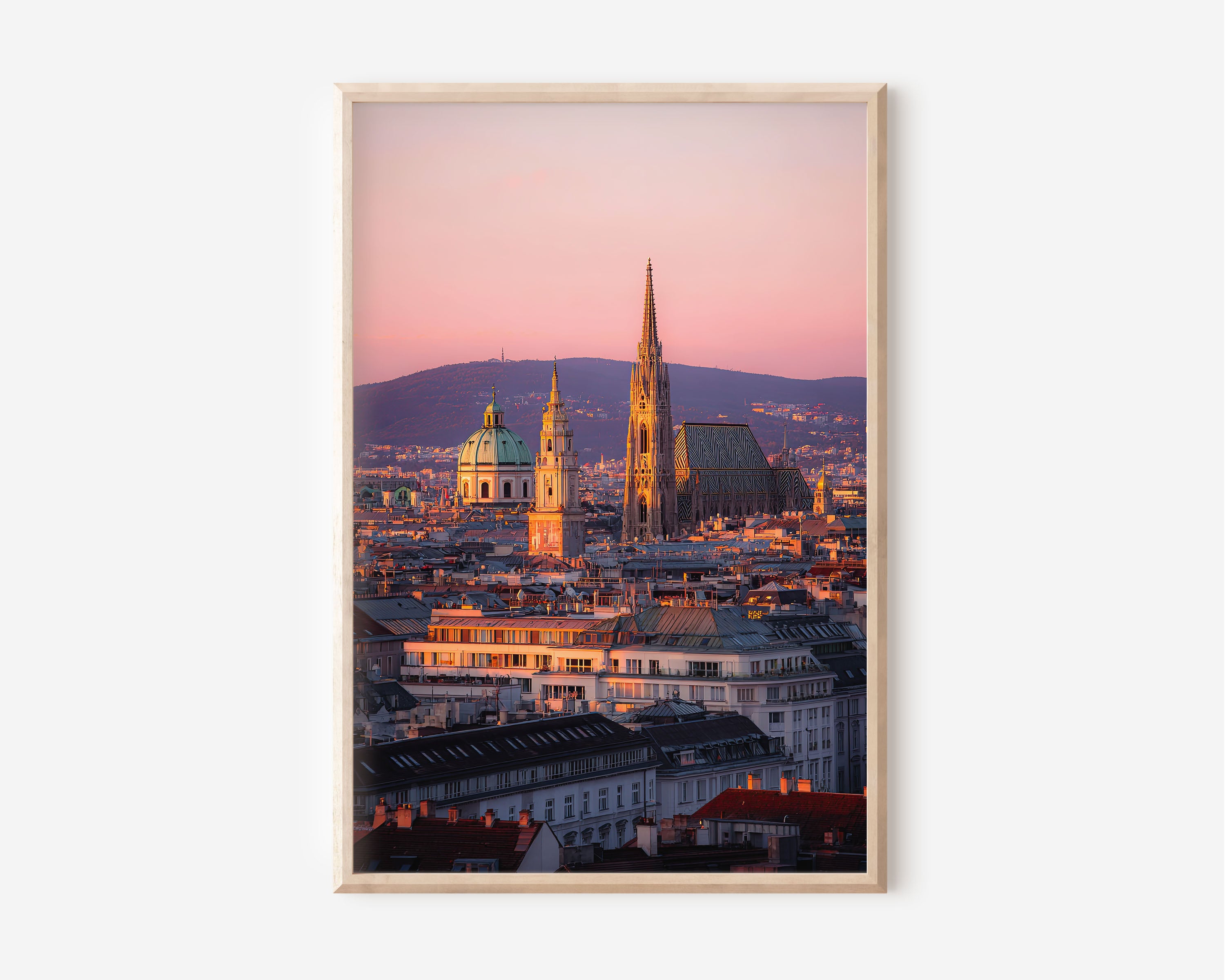 Vienna St. Stephen's Cathedral Pink Sunset Wall Art | St. Peter's Church Austria Rooftops Print | Travel Photography Poster
