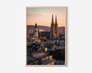 Vienna St. Stephen's Cathedral Sunset Wall Art | Votivkirche Austria Rooftops Print | Travel Photography Poster