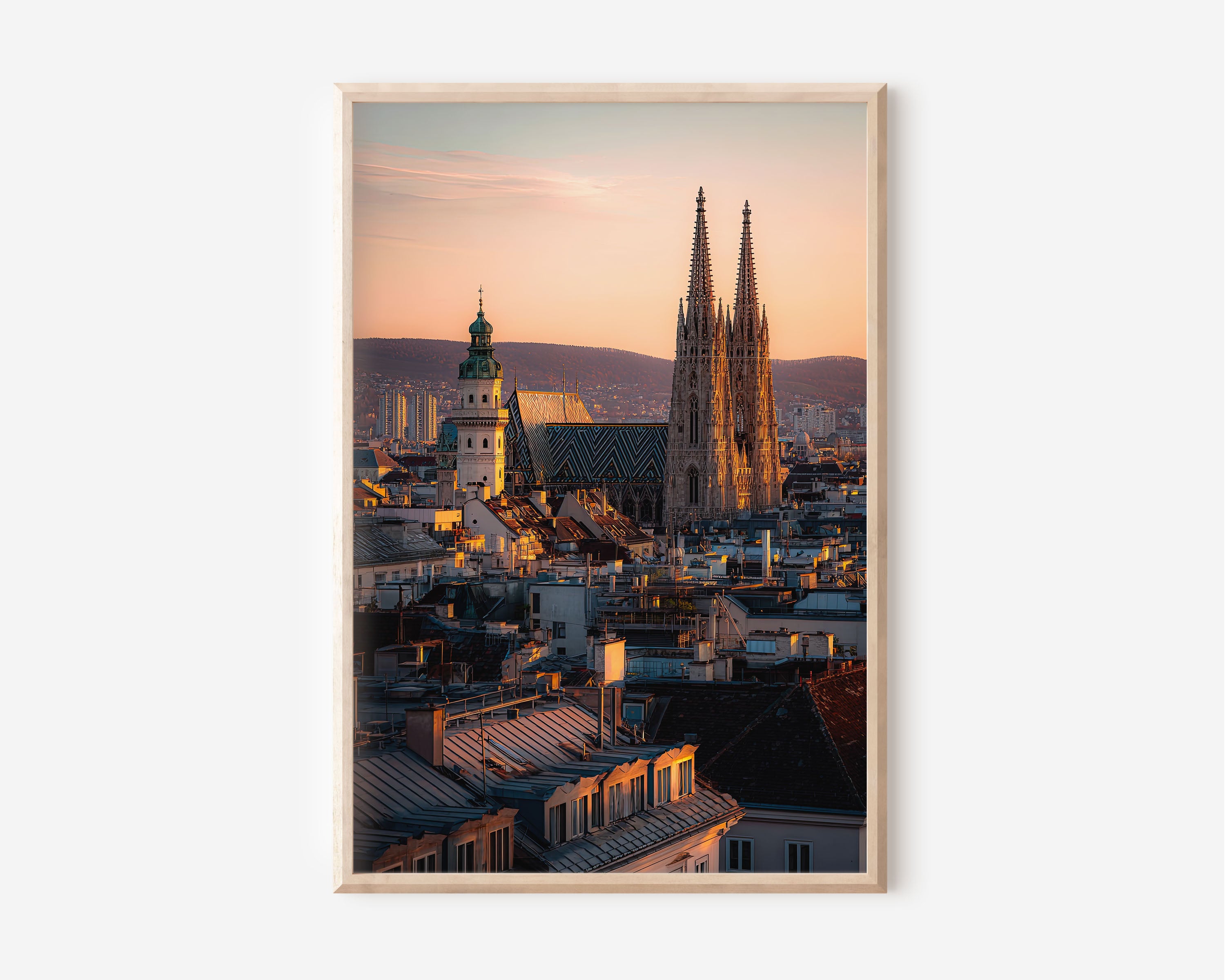 Vienna St. Stephen's Cathedral Sunset Wall Art | Votivkirche Austria Rooftops Print | Travel Photography Poster