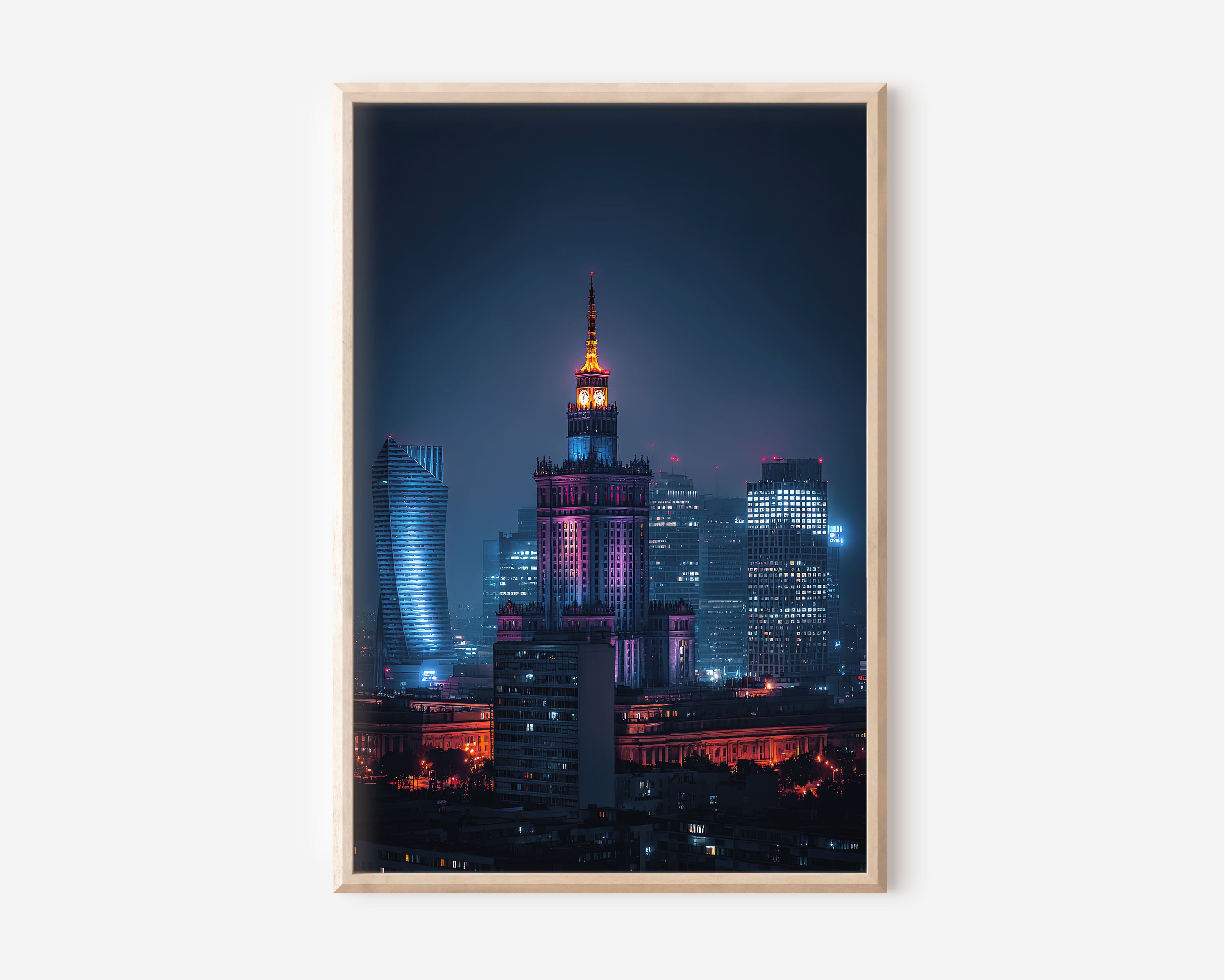 Warsaw Palace of Culture Night Wall Art | Poland Skyline Neon Print | City Lights Photography Poster