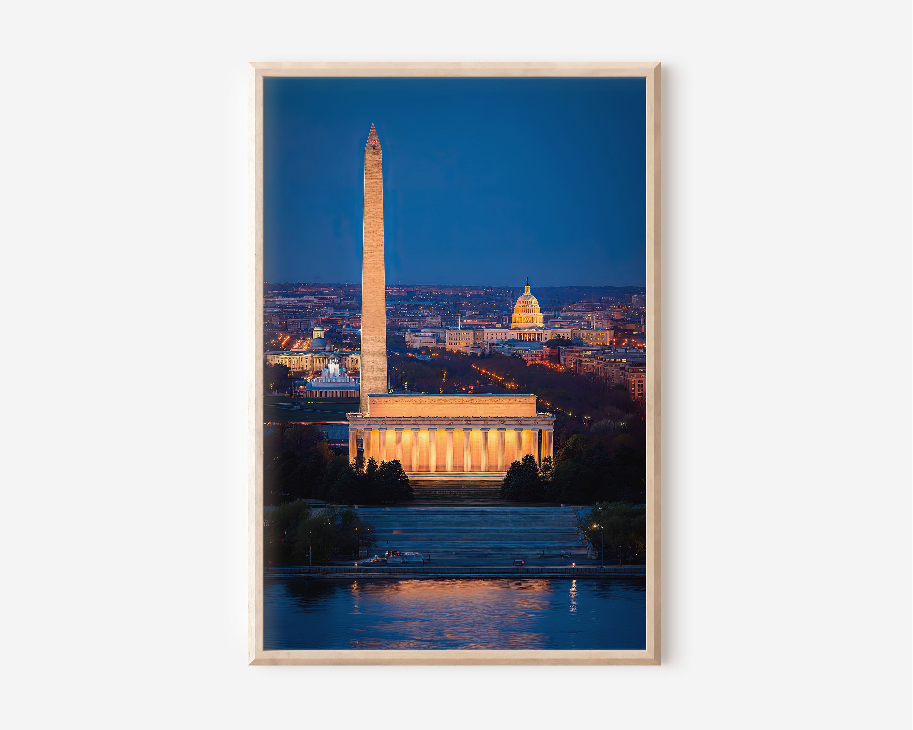 Washington D.C. Night Wall Art | Lincoln Memorial Washington Monument Capitol Print | City Lights Photography Poster
