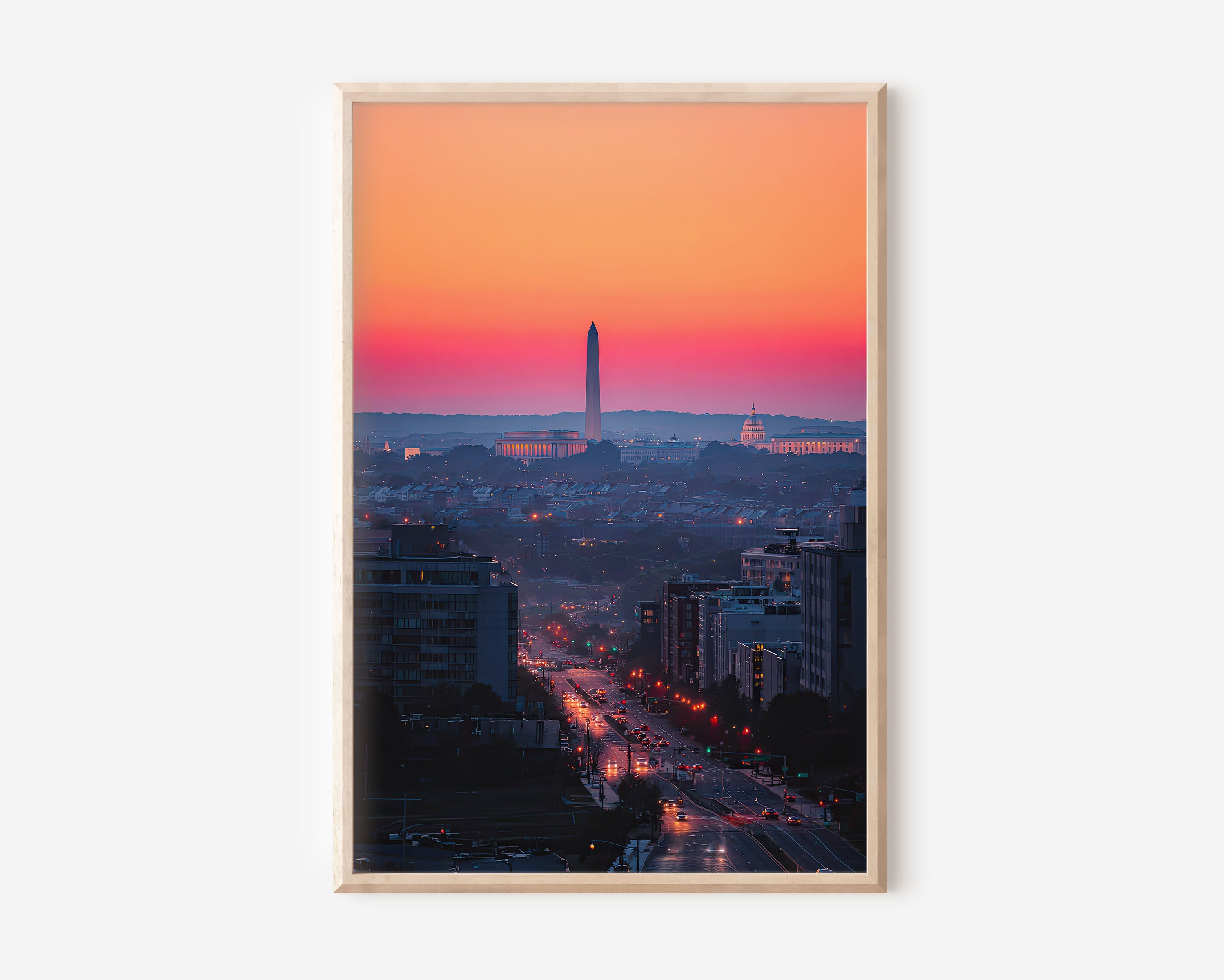 Washington D.C. Street Sunrise Wall Art | Washington Monument Capitol Lincoln Memorial Dawn Print | Travel Photography Poster