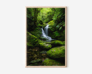 Rainforest Waterfall Moss Wall Art Print | New Zealand Tasmania Wilderness Photography | Lush Green Fern Cascade Poster