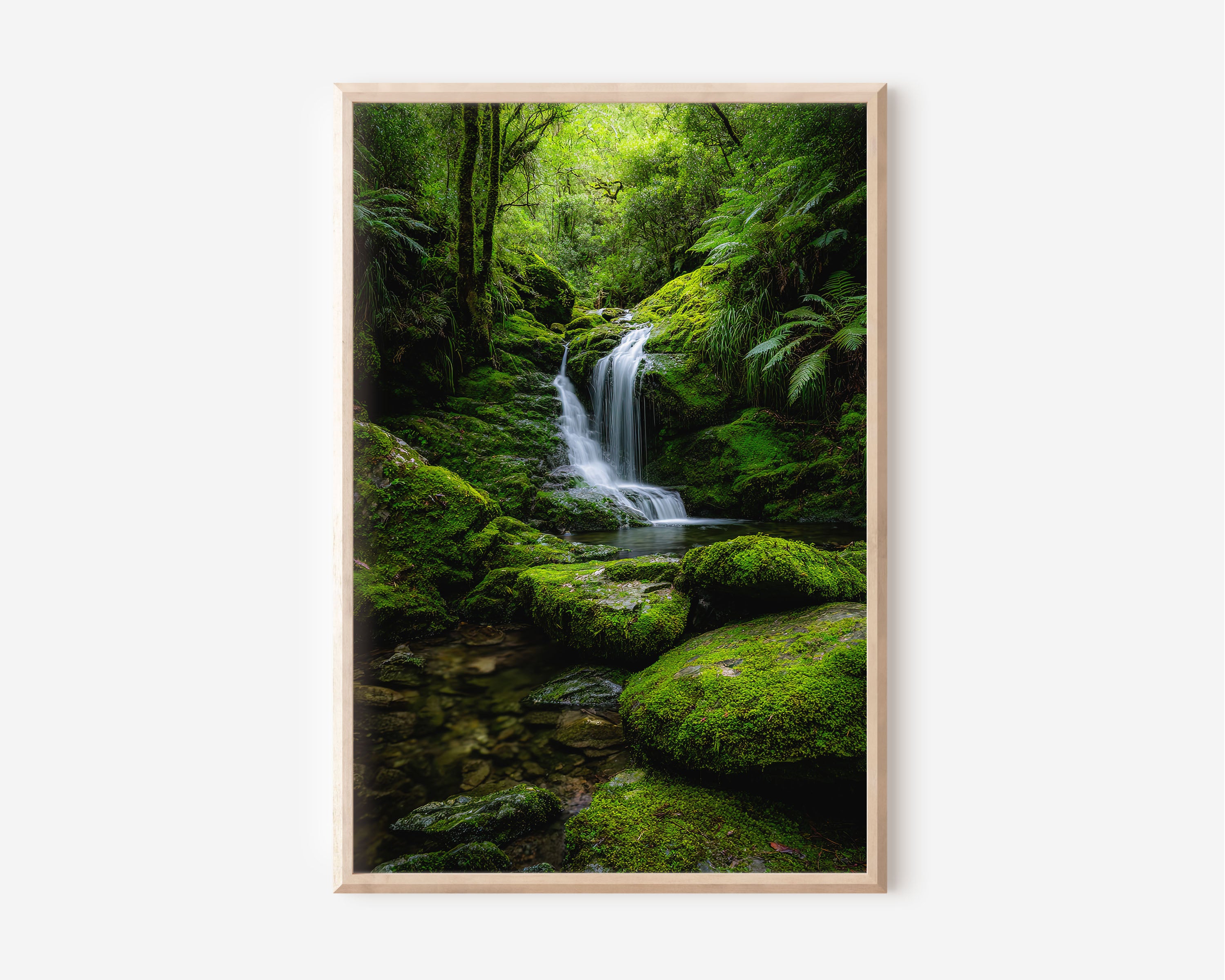 Rainforest Waterfall Moss Wall Art Print | New Zealand Tasmania Wilderness Photography | Lush Green Fern Cascade Poster