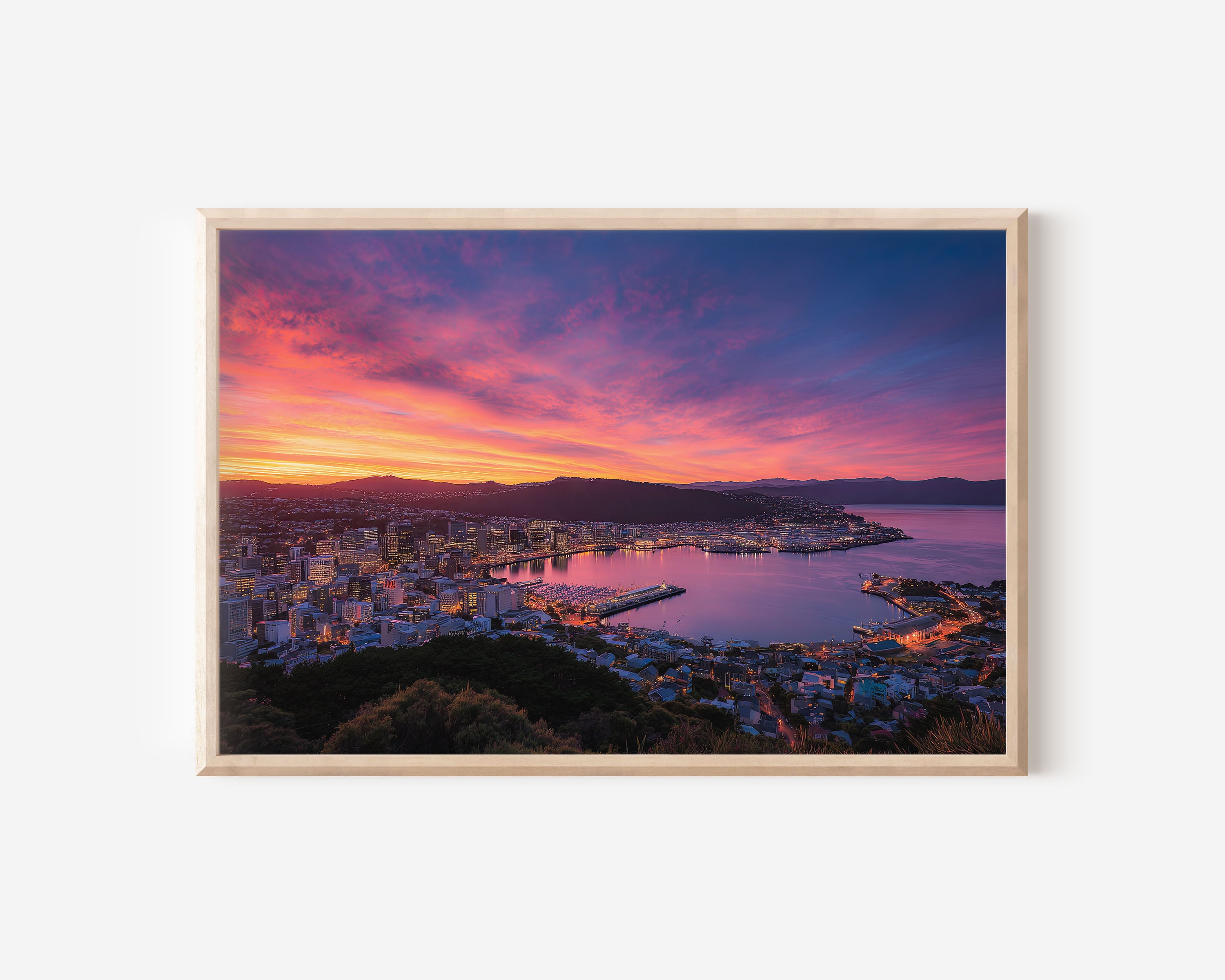 Wellington New Zealand Skyline Wall Art Print – Harbor Sunset Cityscape