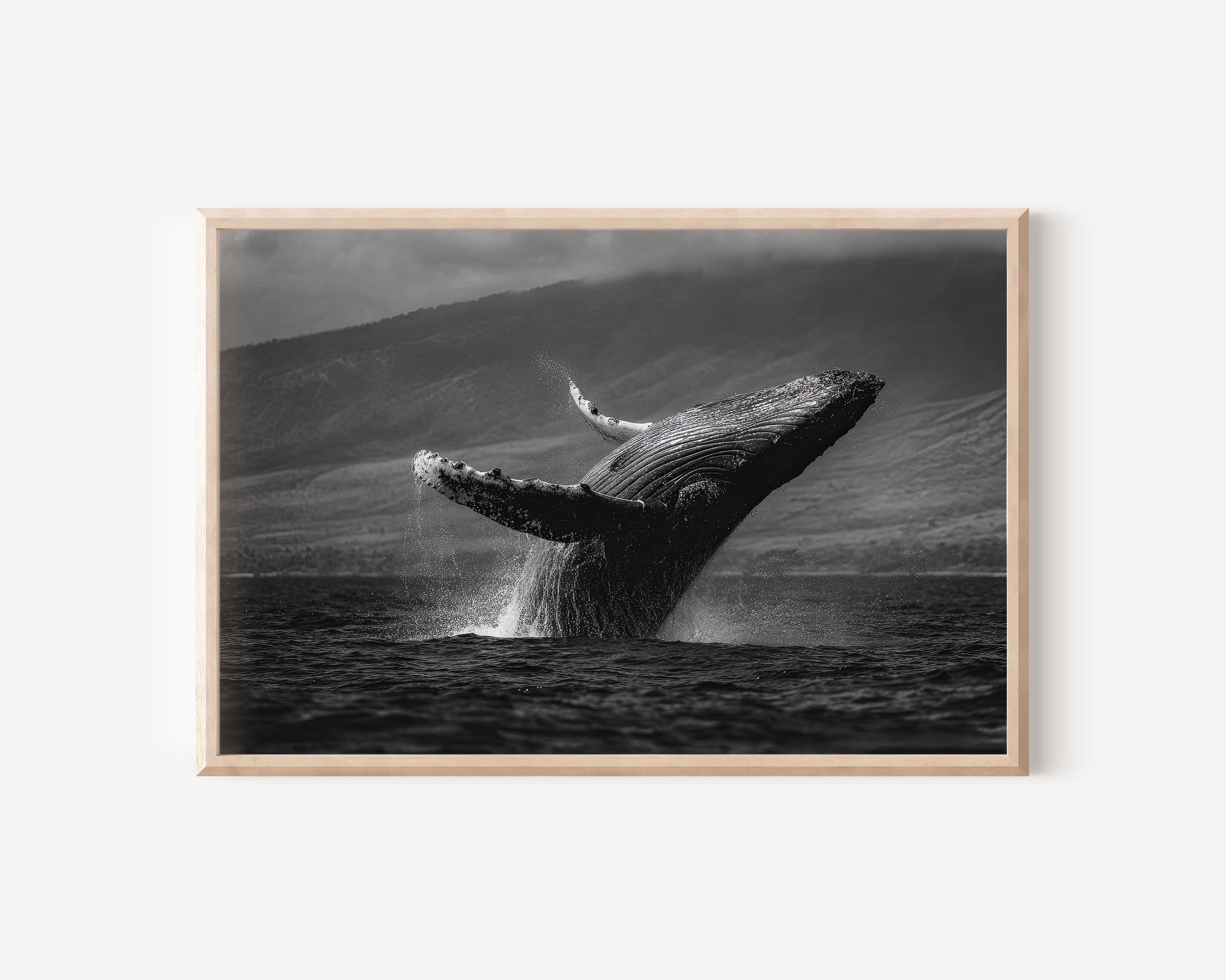 Whale Breach Black and White Wall Art Print – Dramatic Ocean Canvas