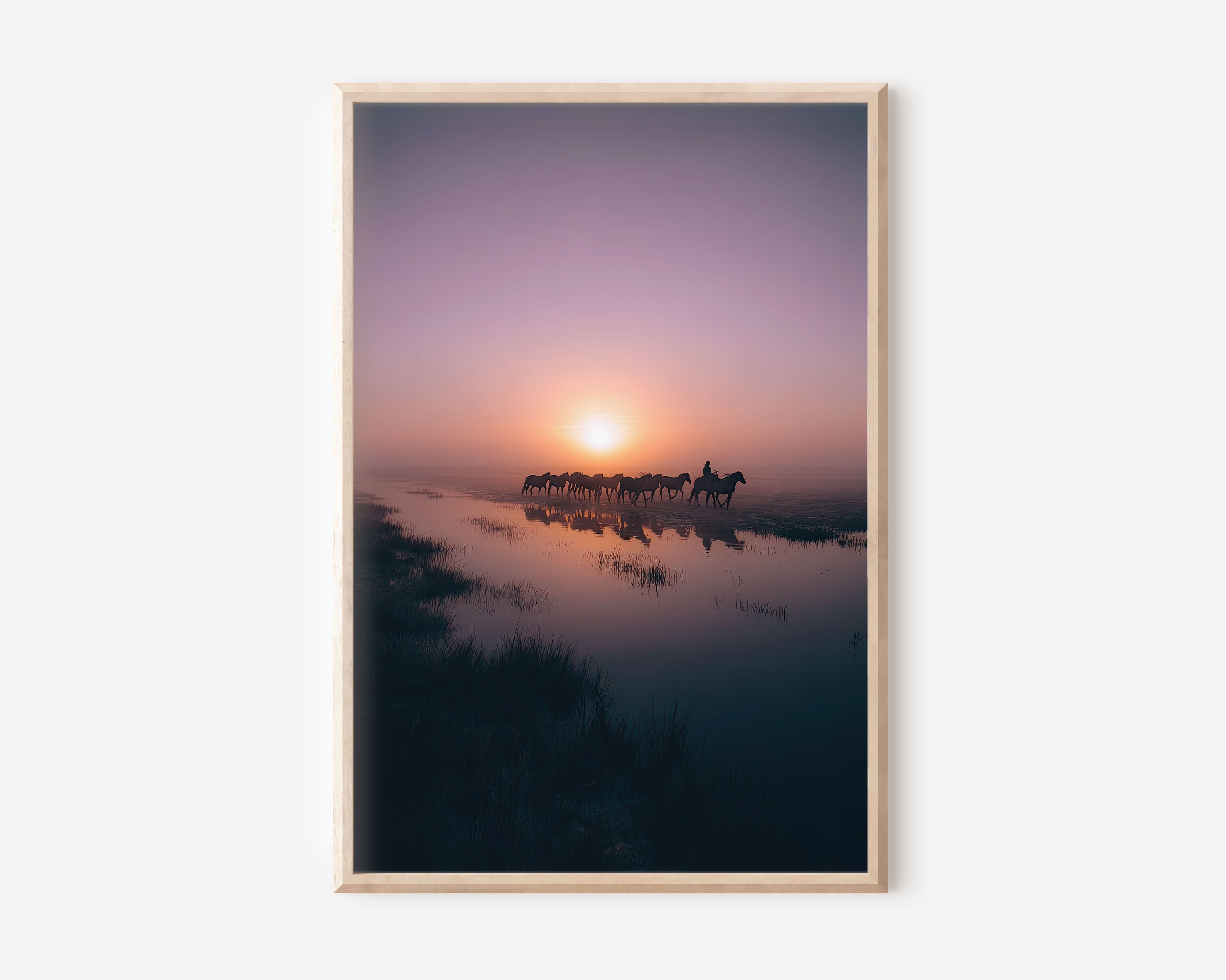 Wild Horses Sunset Wall Art Print – Minimalist Landscape Canvas & Framed Nature Silhouette Decor
