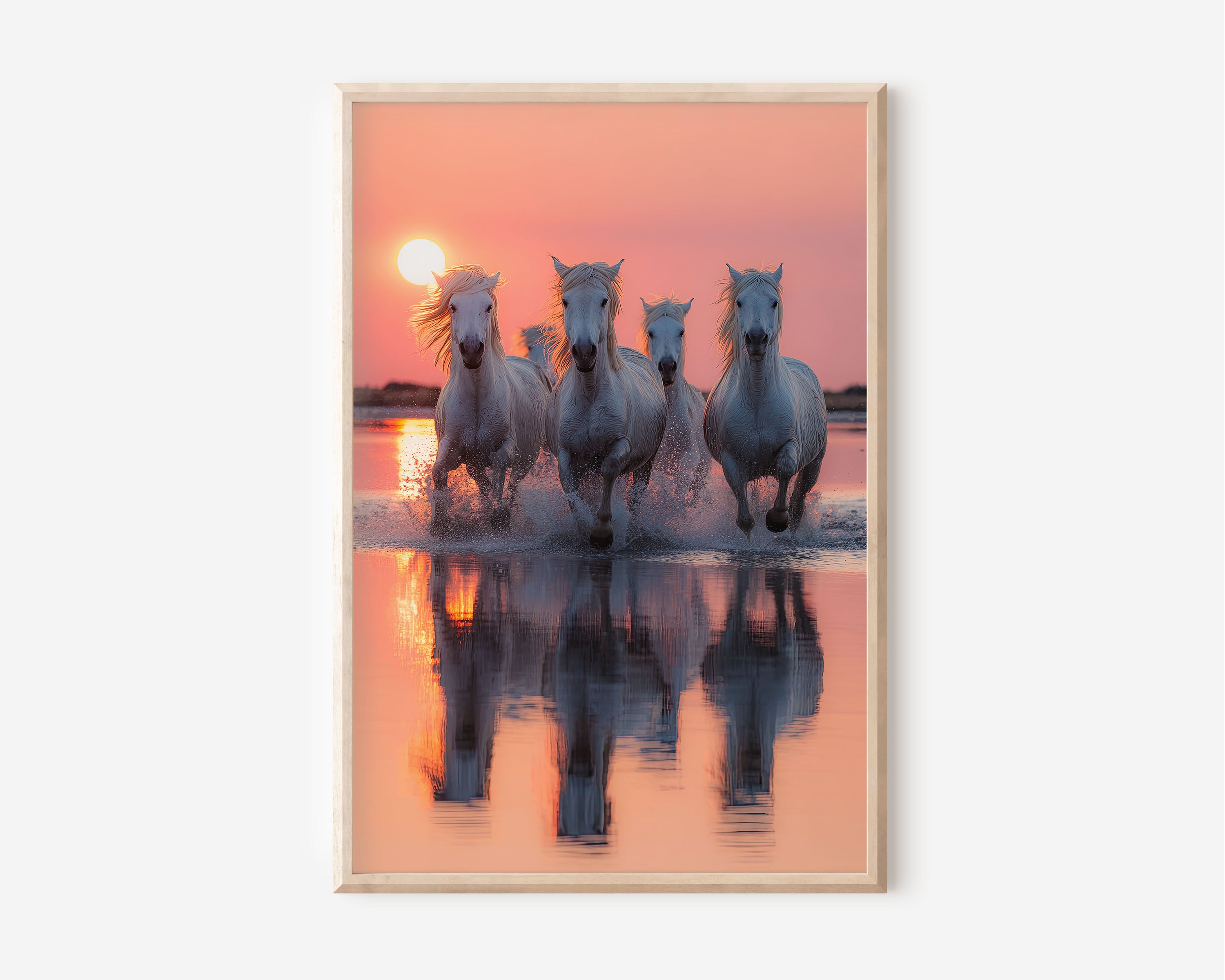 White Horses Sunset Wall Art Print – Running Horses Canvas & Framed Dramatic Nature Decor