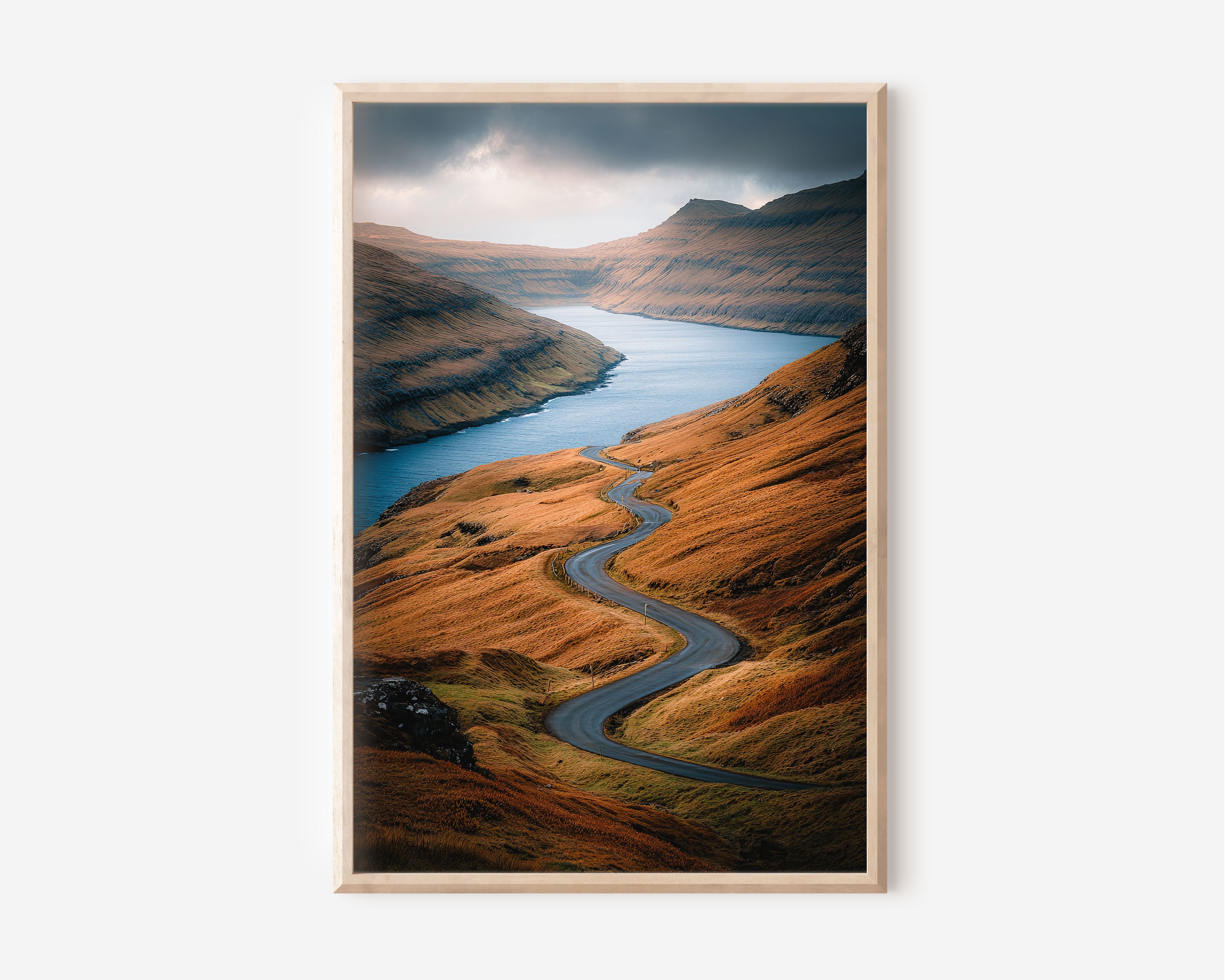 Faroe Islands Winding Road Fjord Wall Art Print | Nordic Landscape Photography | Dramatic Hillside Coastal Drive Poster