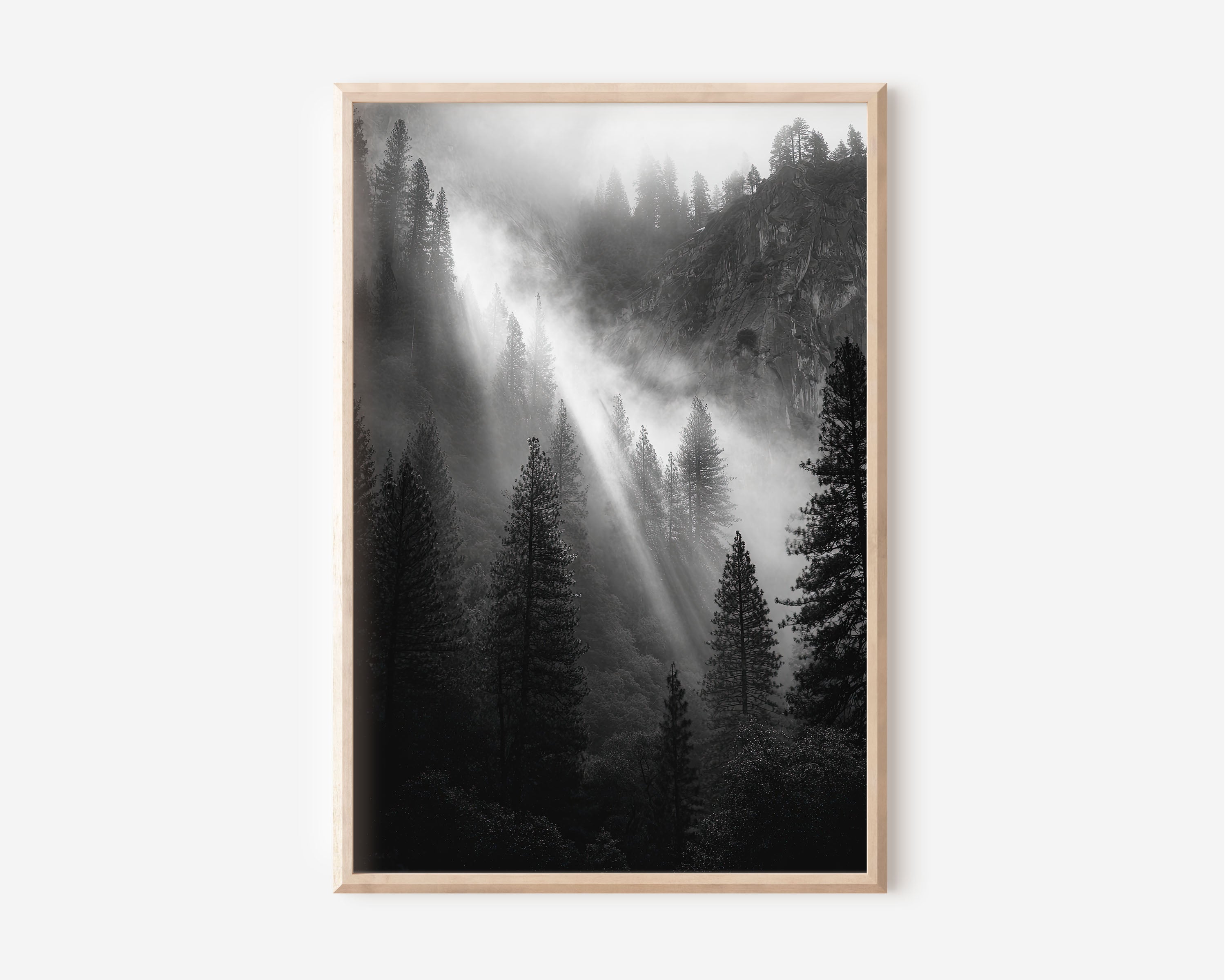 Yosemite Forest Light Rays Wall Art Print | Black & White Fog & Mist Photography | Valley Light Beams Poster | California Nature Print | Moody Forest Home Decor