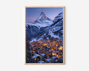 Zermatt Village Matterhorn Wall Art Print | Switzerland Winter Night Photography | Alpine Town Twilight Poster | Swiss Mountain Home Decor | European Travel Print