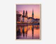 Zurich Old Town Sunset Wall Art | Grossmünster Fraumünster Limmat River Switzerland Print | Travel Photography Poster