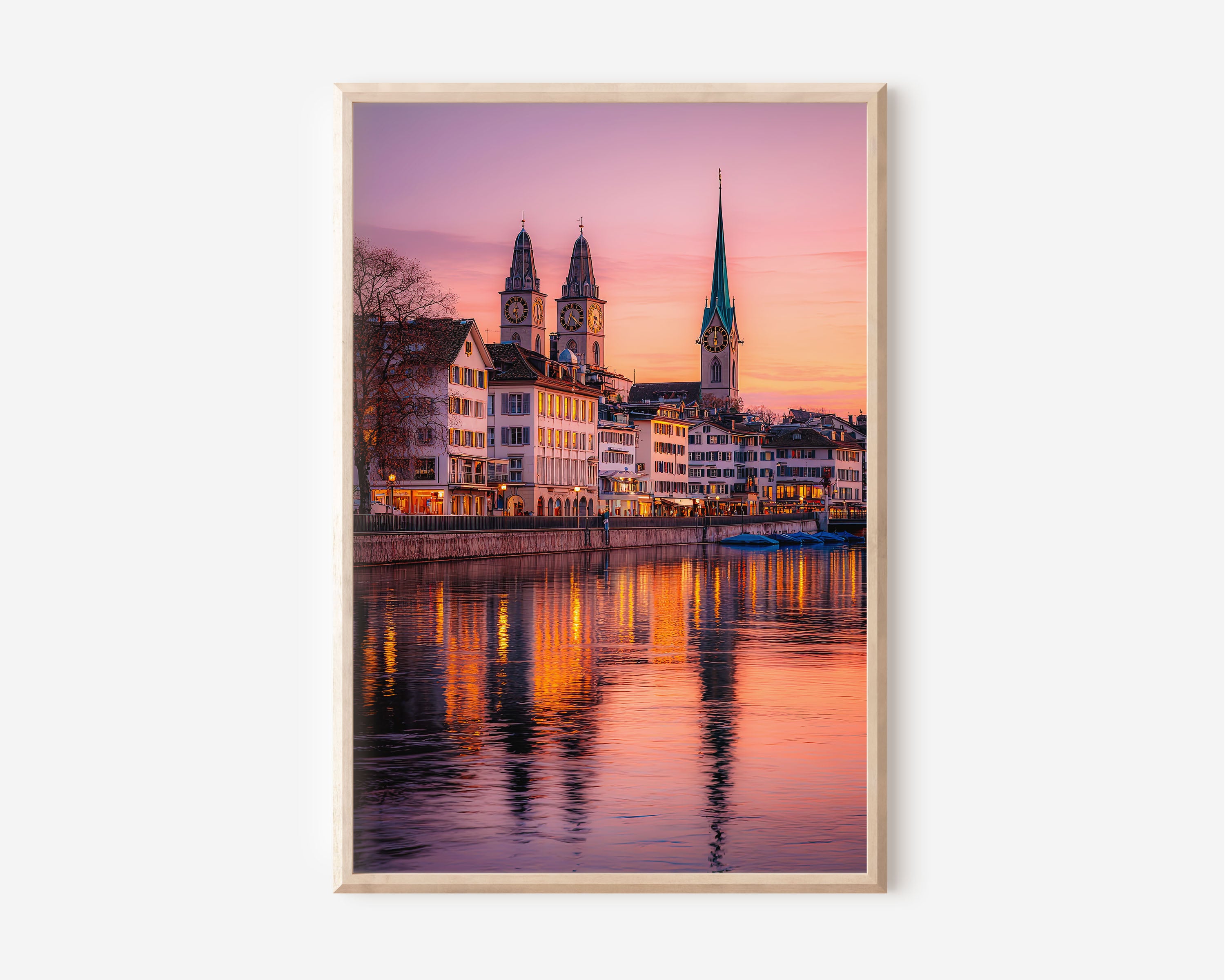 Zurich Old Town Sunset Wall Art | Grossmünster Fraumünster Limmat River Switzerland Print | Travel Photography Poster