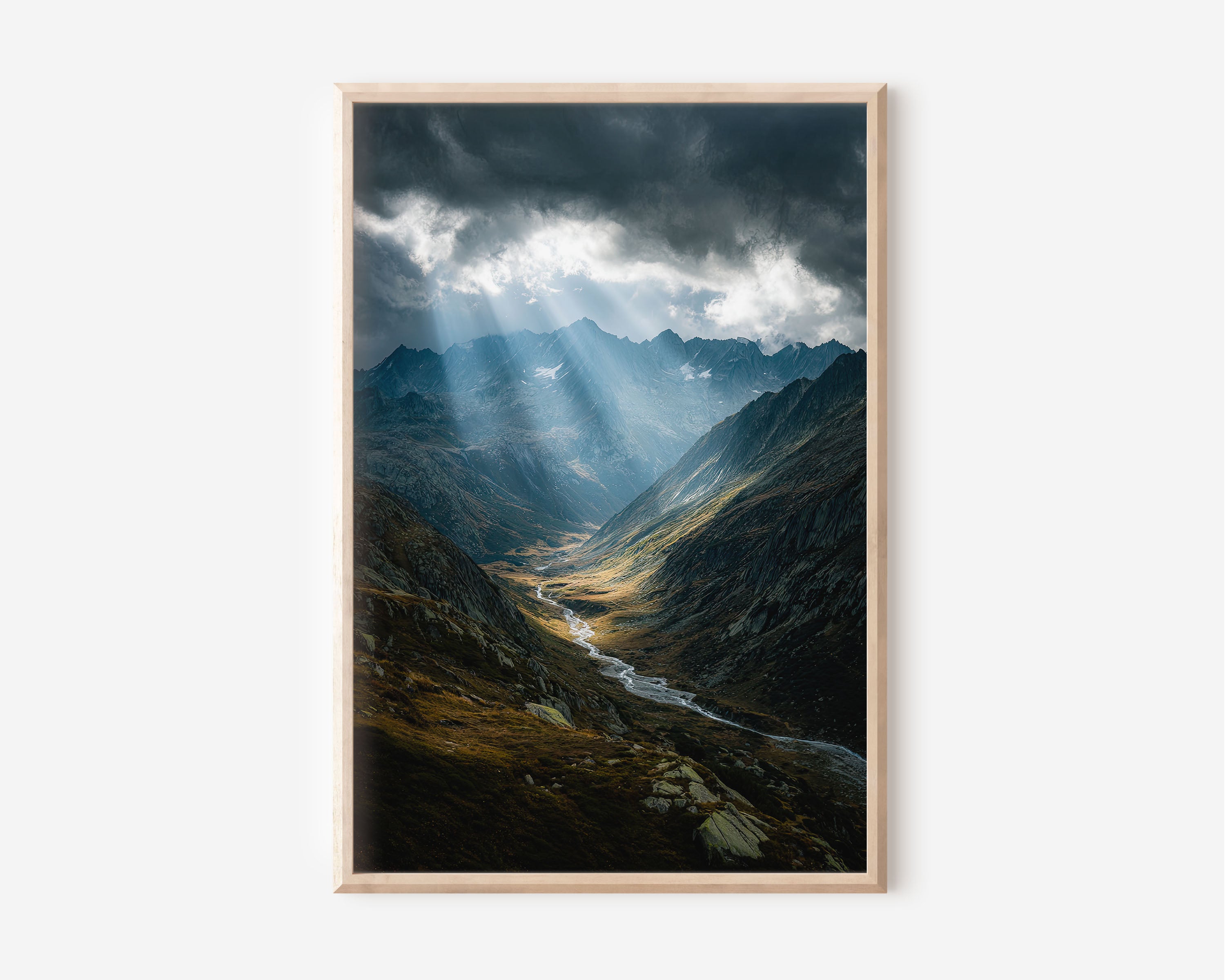 Austrian Alps Mountain Valley Storm Light Print | Alpine Valley River Wall Art | Dramatic Alps God Rays Landscape Photography Poster