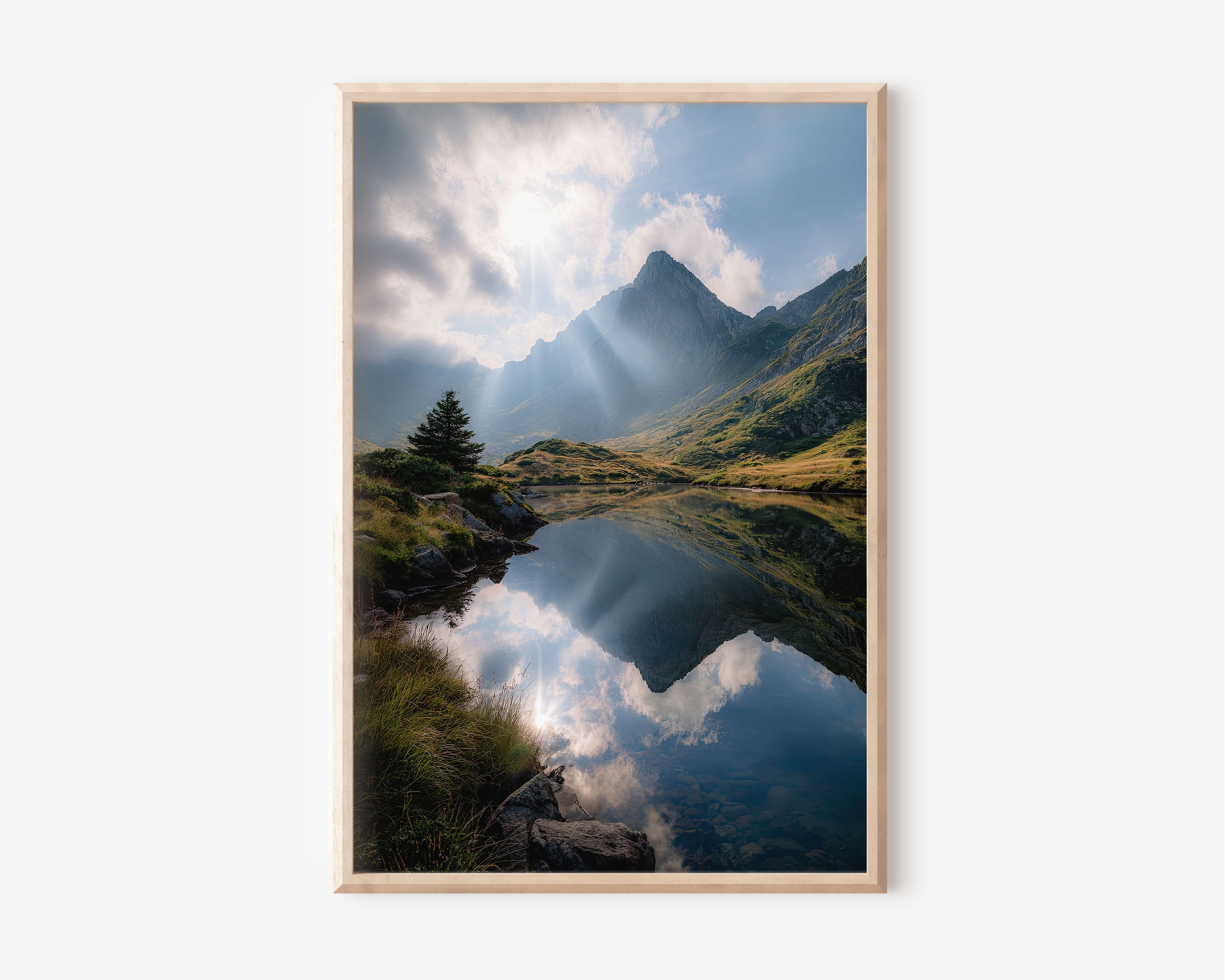 Austrian Alps Alpine Lake Reflection Print | Mountain Lake Wall Art | Alps Sun Ray Cloud Reflection Landscape Photography Poster