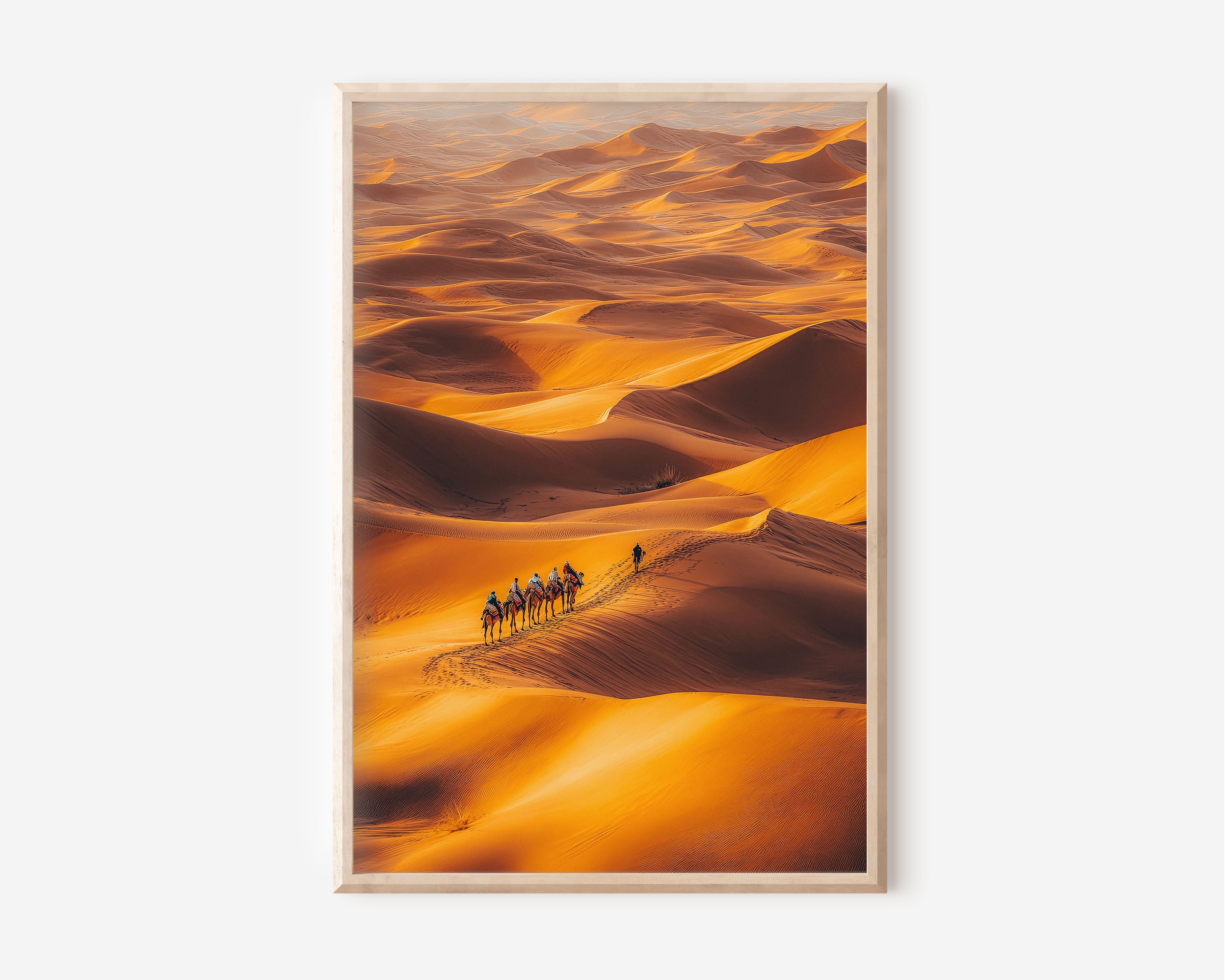 Sahara Desert Print | Camel Caravan Crossing Golden Dunes | Morocco Travel Wall Art | Desert Landscape Photography Poster