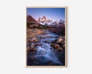 Mount Fitz Roy Glacial River Twilight Print | Patagonia Blue Hour Wall Art | El Chaltén Rocky Stream Landscape Photography Poster