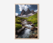 Dolomites Alpine Stream Summer Wall Art Print | Cadini di Misurina Italy Photography | Flowing Mountain Creek Green Meadow Poster