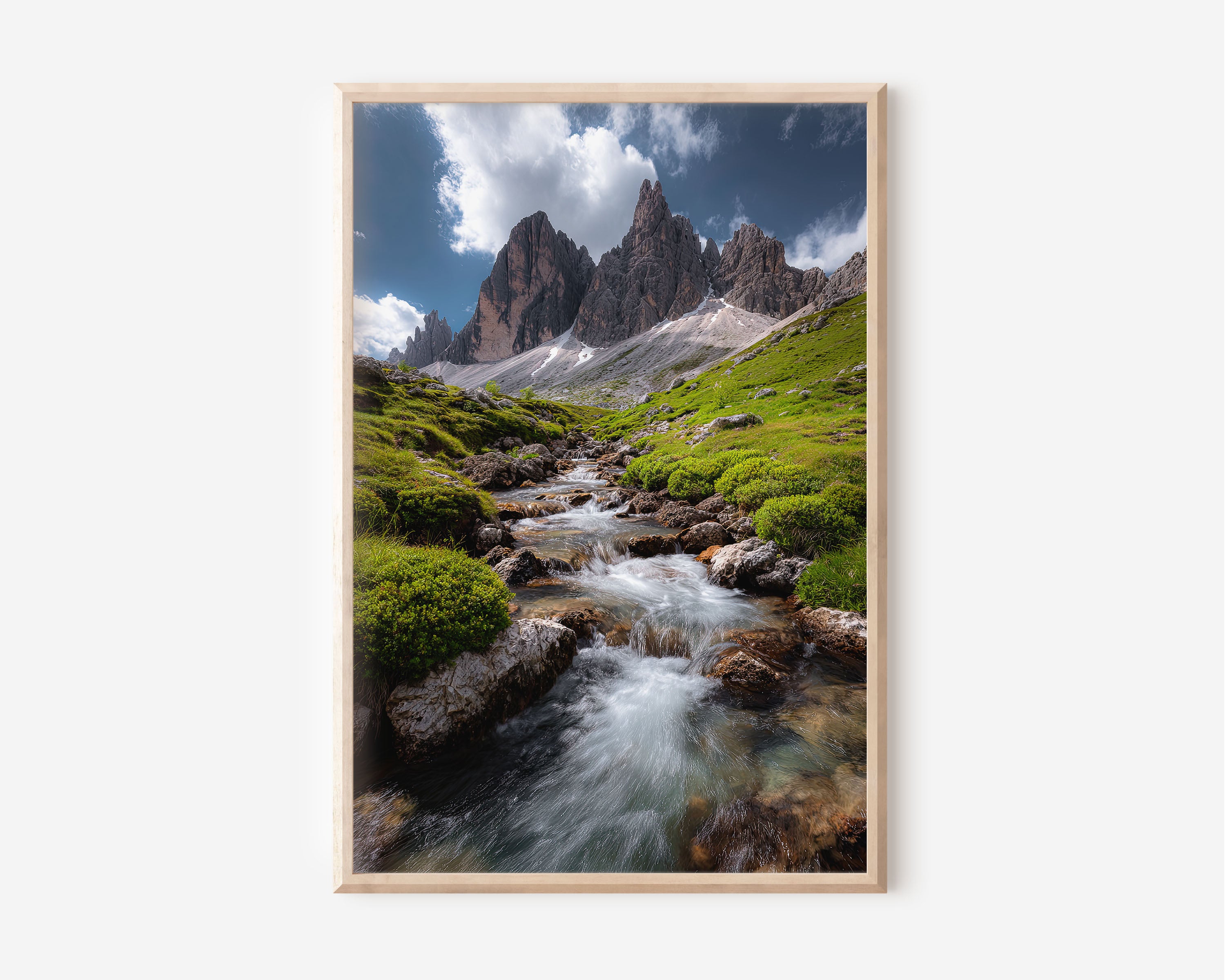 Dolomites Alpine Stream Summer Wall Art Print | Cadini di Misurina Italy Photography | Flowing Mountain Creek Green Meadow Poster