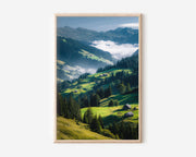 Swiss Alpine Valley Morning Wall Art Print | Austria Switzerland Green Meadow Photography | Alpine Chalet Mist Mountain Poster