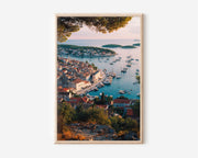 Hvar Town Sunset Wall Art Print | Croatia Adriatic Harbour Pine Tree Photography | Dalmatian Island Aerial Cityscape Poster | Mediterranean Travel Print | Warm Tones Home Decor