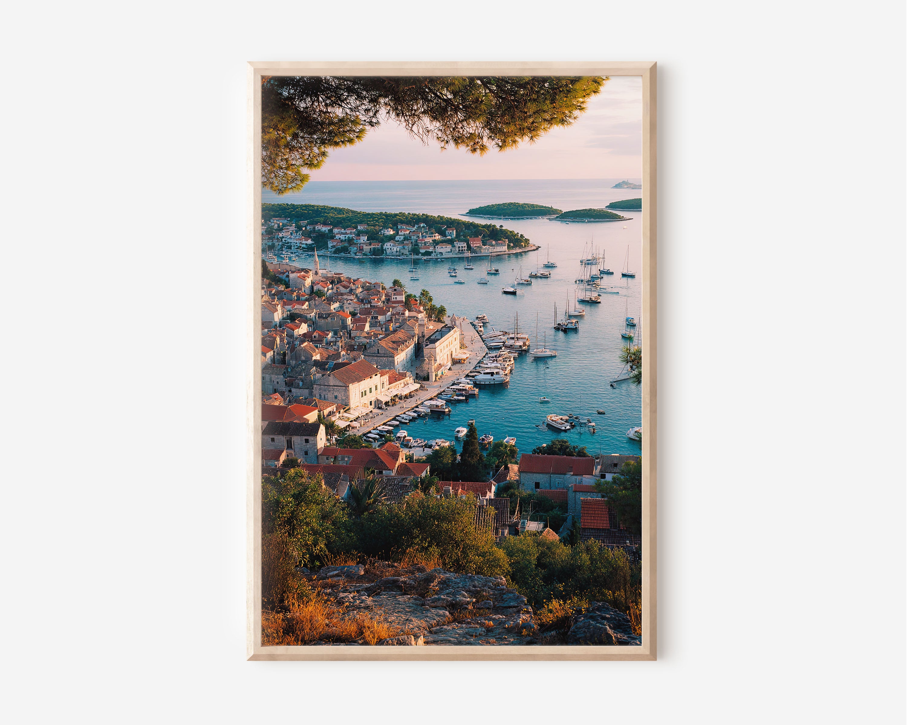 Hvar Town Sunset Wall Art Print | Croatia Adriatic Harbour Pine Tree Photography | Dalmatian Island Aerial Cityscape Poster | Mediterranean Travel Print | Warm Tones Home Decor